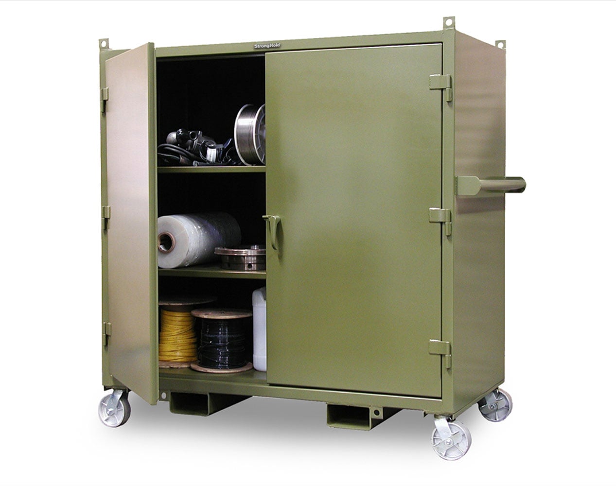 Extreme Duty 12 GA Mobile Jobsite Cabinet with 2 Shelves, Forklift Pockets, Lifting Lugs - 66 In. W x 34 In. D x 68 In. H