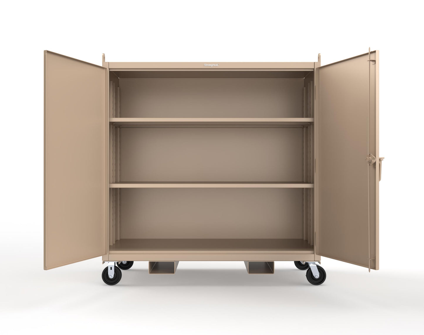 Extreme Duty 12 GA Mobile Jobsite Cabinet with 2 Shelves, Forklift Pockets, Lifting Lugs - 66 In. W x 34 In. D x 68 In. H - 5.5342-LL-CA-FLP-1019