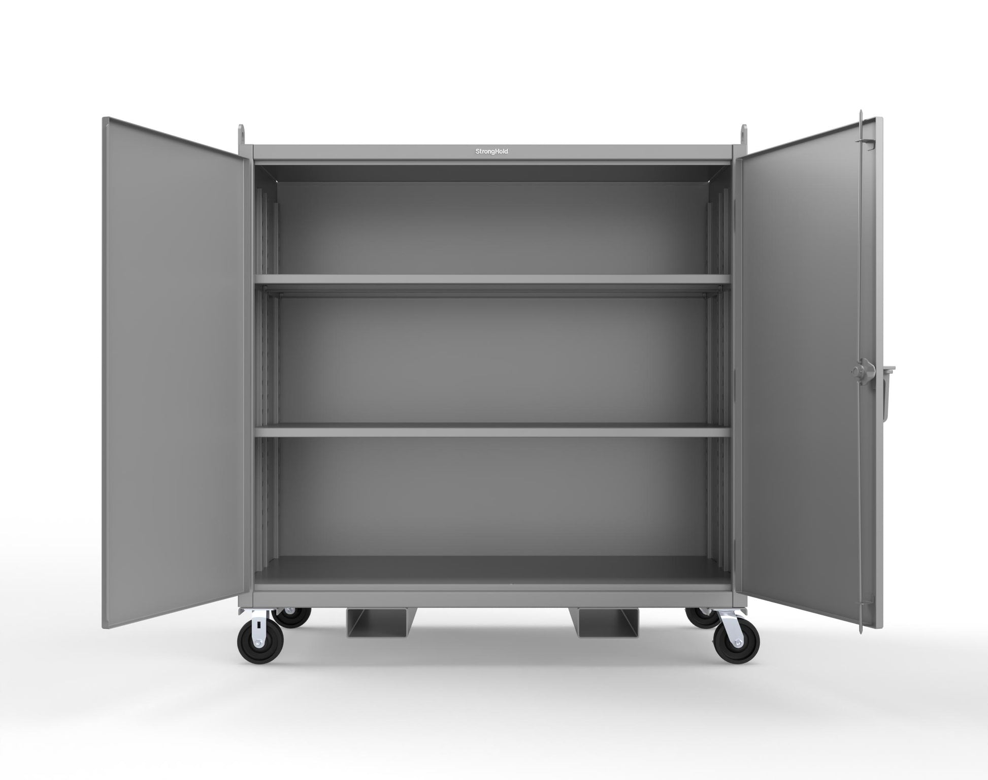 Extreme Duty 12 GA Mobile Jobsite Cabinet with 2 Shelves, Forklift Pockets, Lifting Lugs - 66 In. W x 34 In. D x 68 In. H - 5.5342-LL-CA-FLP-7037