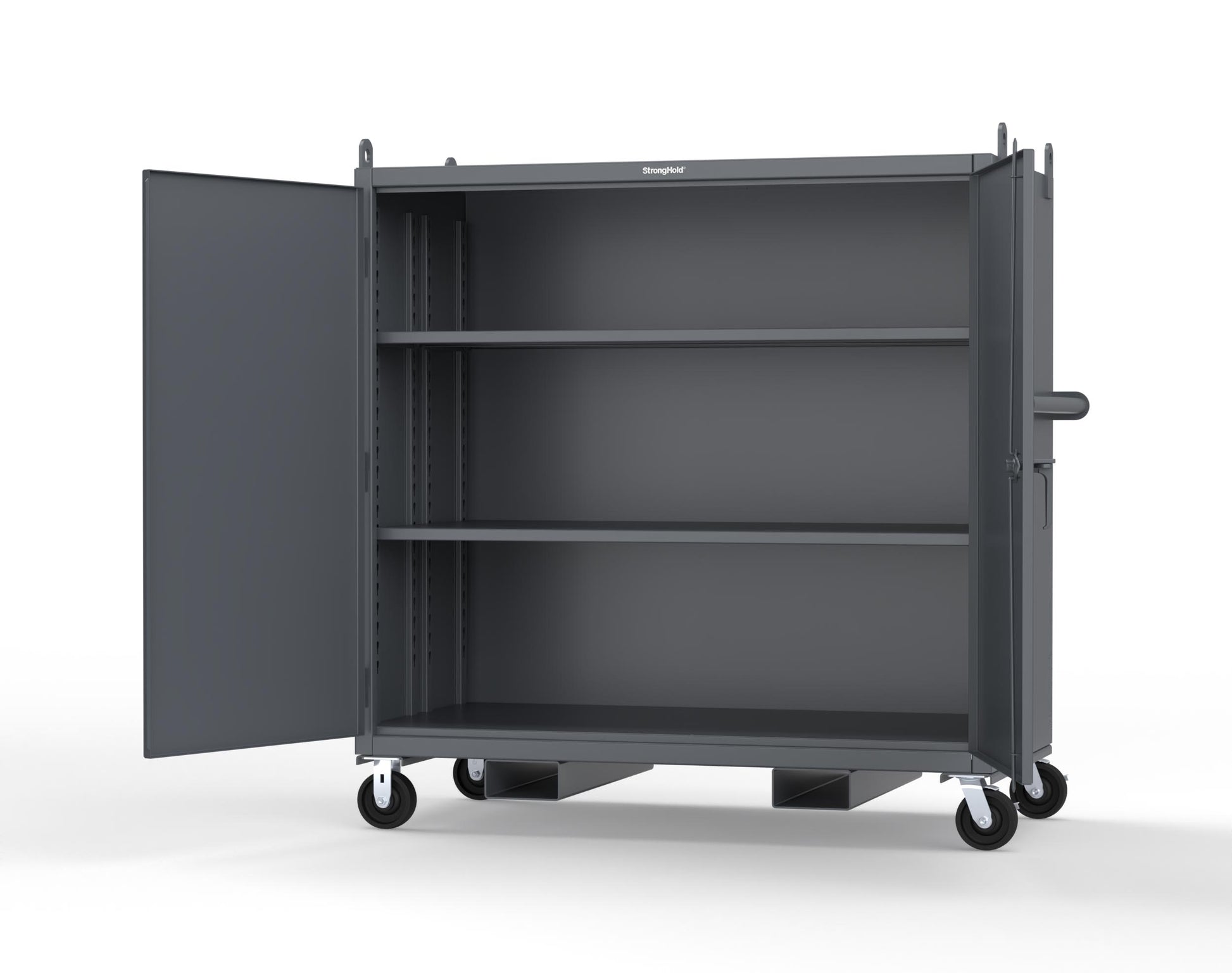 Extreme Duty 12 GA Mobile Jobsite Cabinet with 2 Shelves, Forklift Pockets, Lifting Lugs - 66 In. W x 34 In. D x 68 In. H - 5.5342-LL-CA-FLP-7024