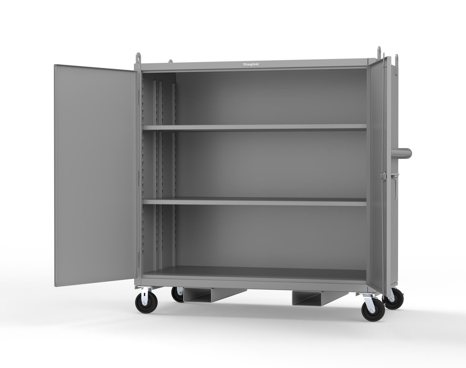 Extreme Duty 12 GA Mobile Jobsite Cabinet with 2 Shelves, Forklift Pockets, Lifting Lugs - 66 In. W x 34 In. D x 68 In. H - 5.5342-LL-CA-FLP-7037