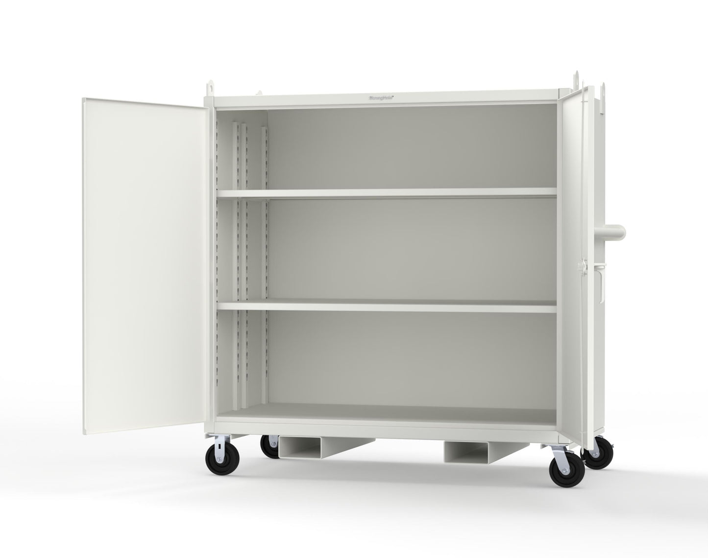 Extreme Duty 12 GA Mobile Jobsite Cabinet with 2 Shelves, Forklift Pockets, Lifting Lugs - 66 In. W x 34 In. D x 68 In. H - 5.5342-LL-CA-FLP-9003
