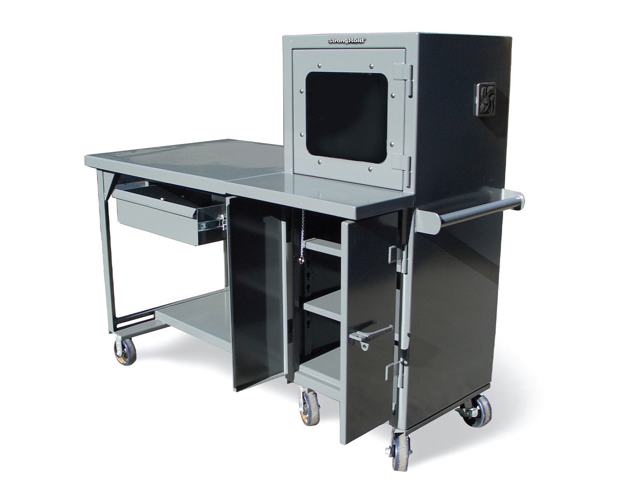 Small Industrial Computer Table Extreme Duty 7 GA Mobile Industrial Shop Table with Computer Cabinet ...