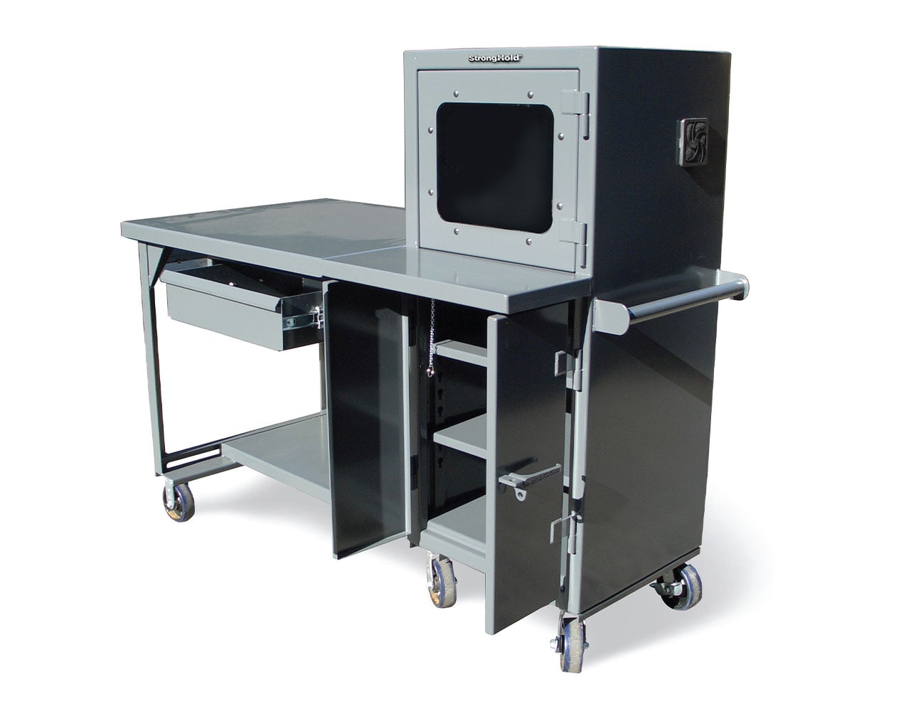 Extreme Duty 7 GA Mobile Industrial Shop Table with Computer Cabinet - 68 In. W x 36 In. D x 69 In. H