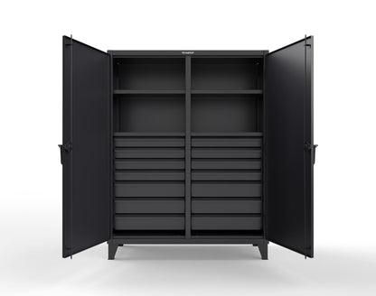 Extreme Duty 12 GA Double Shift Cabinet with 14 Drawers, 4 Shelves - 60 In. W x 24 In. D x 78 In. H - 56-DS-244-14DB-9005