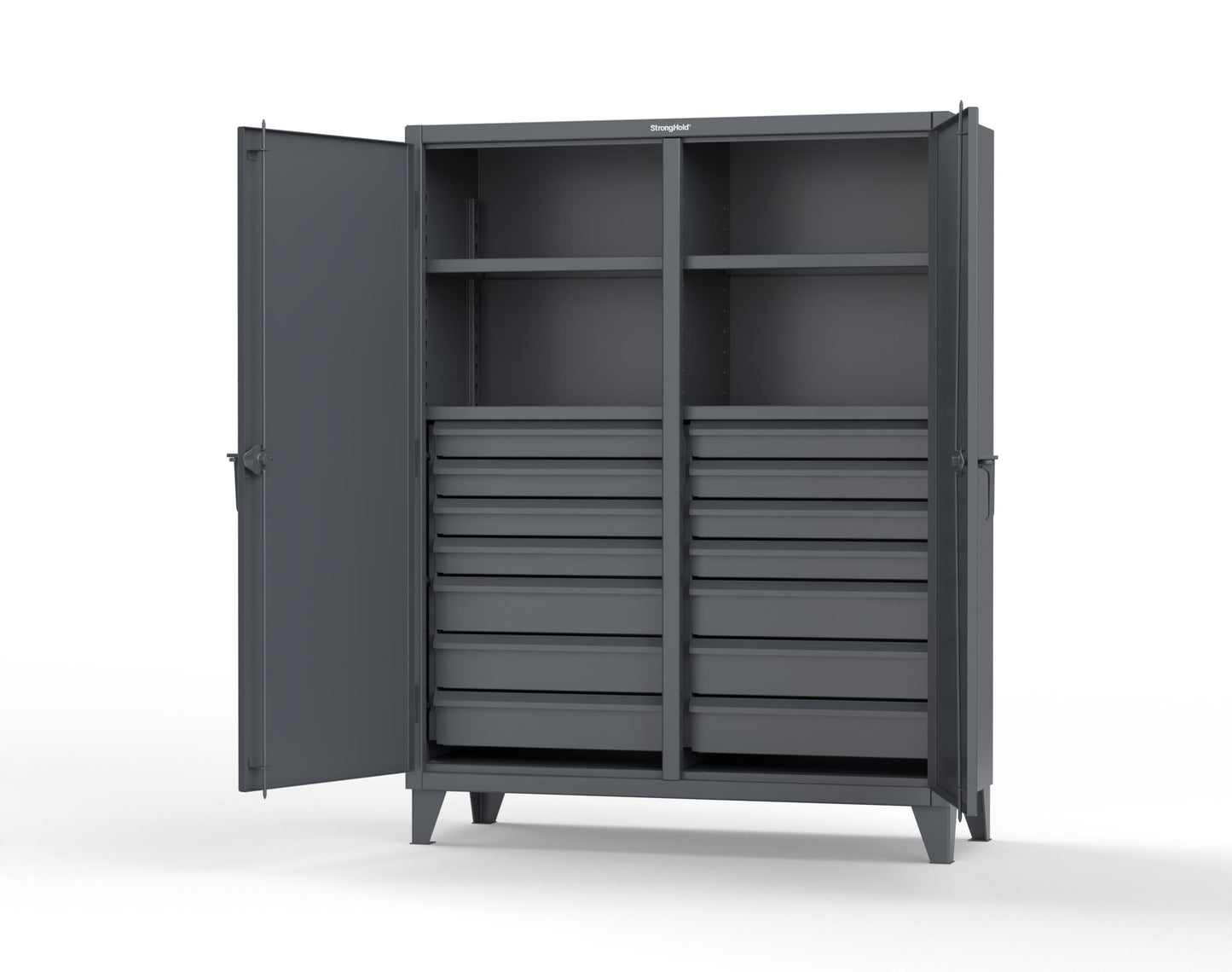 Extreme Duty 12 GA Double Shift Cabinet with 14 Drawers, 4 Shelves - 60 In. W x 24 In. D x 78 In. H - 56-DS-244-14DB-7024