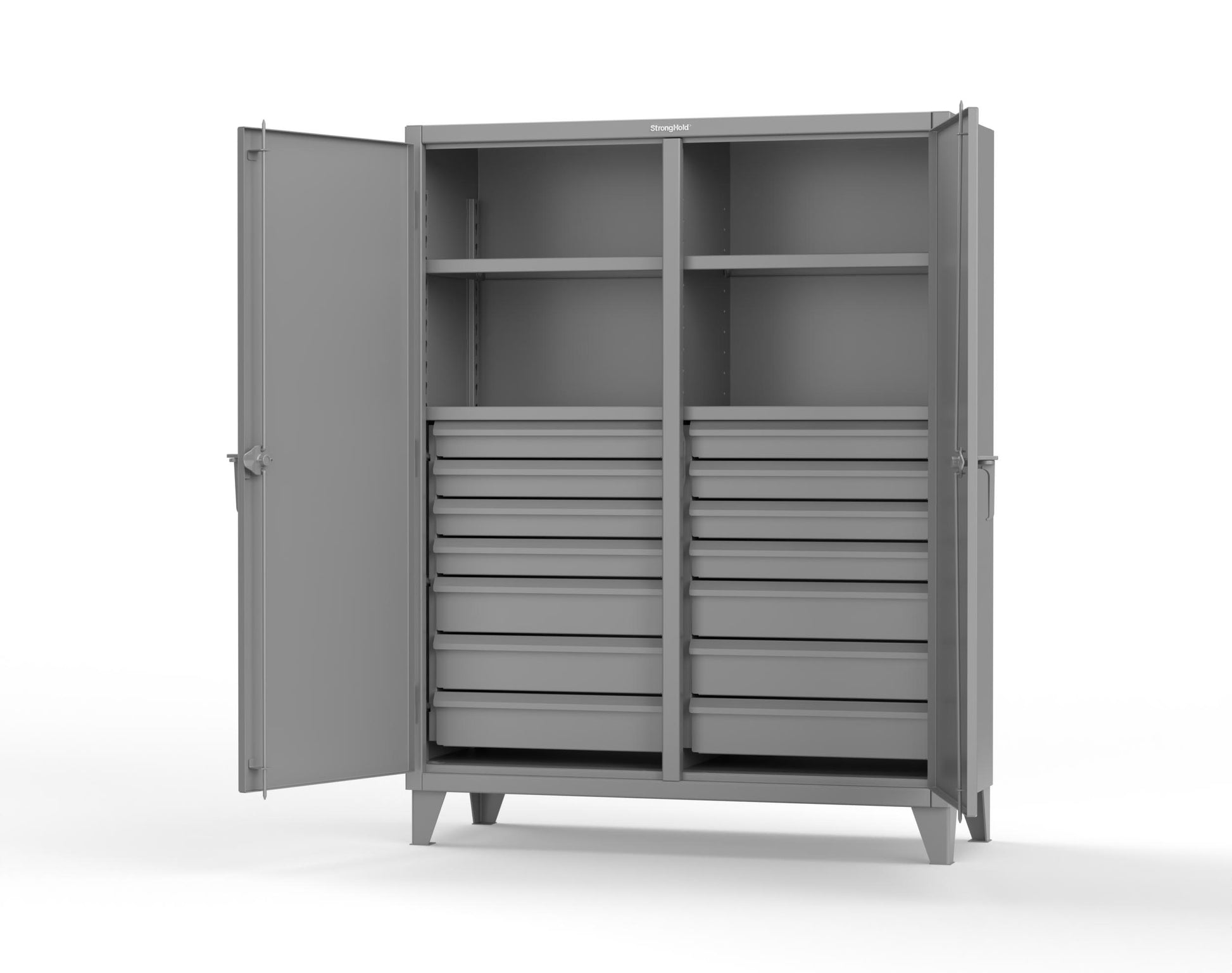 Extreme Duty 12 GA Double Shift Cabinet with 14 Drawers, 4 Shelves - 60 In. W x 24 In. D x 78 In. H - 56-DS-244-14DB-7037