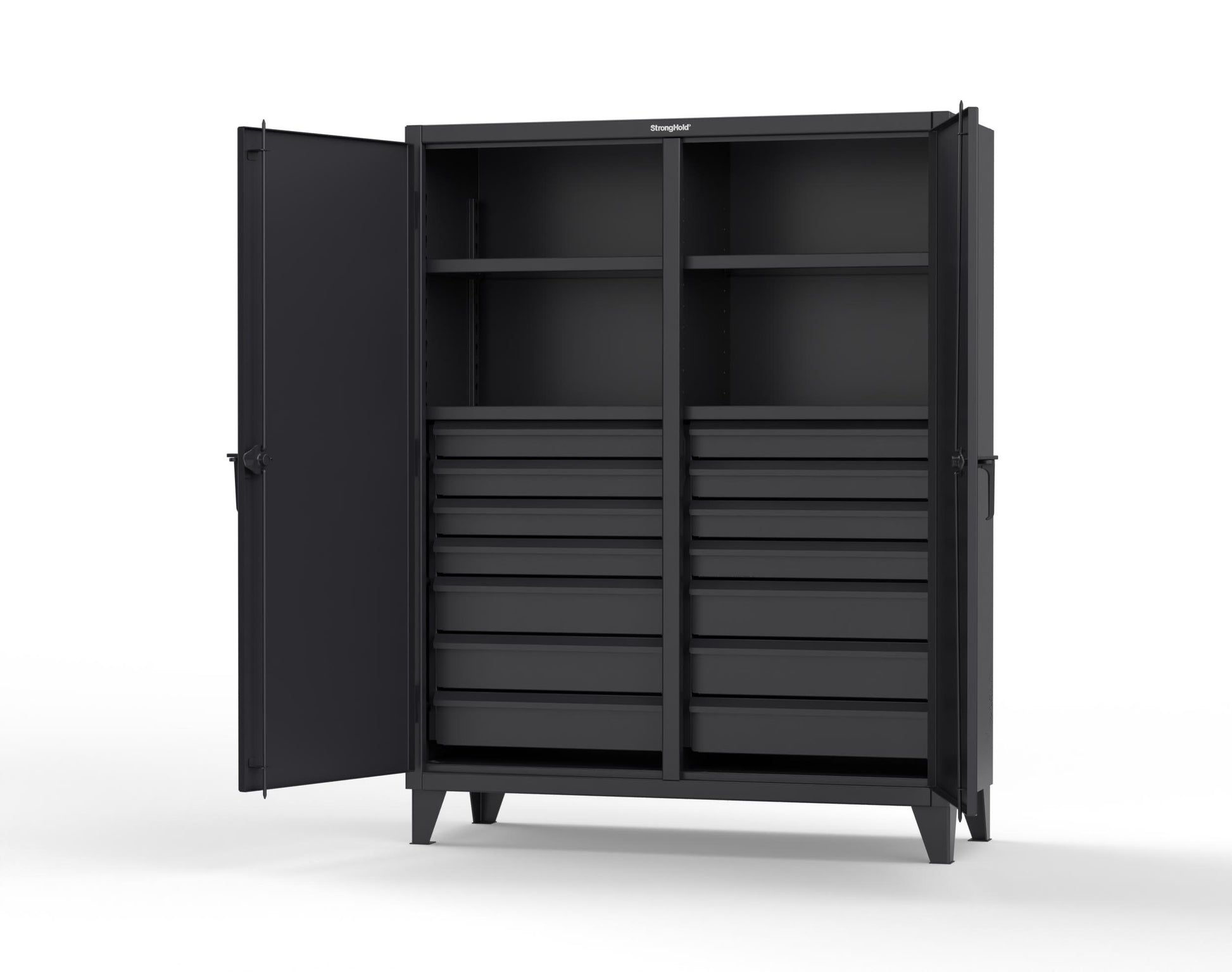 Extreme Duty 12 GA Double Shift Cabinet with 14 Drawers, 4 Shelves - 60 In. W x 24 In. D x 78 In. H - 56-DS-244-14DB-9005