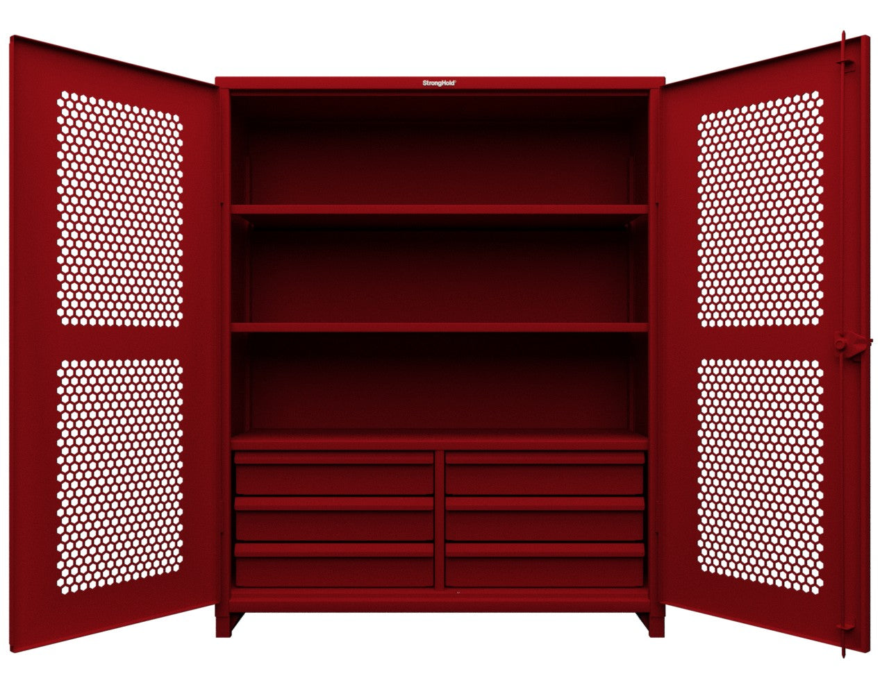 Extra Heavy Duty 14 GA Ventilated (Hex) Cabinet with 6 Half-Width Drawers, 3 Shelves - 60 In. W x 24 In. D x 75 In. H