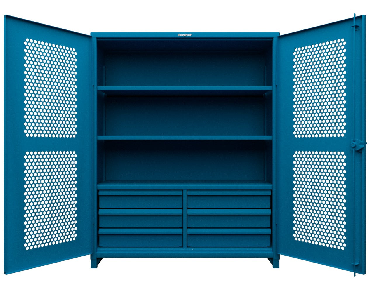 Extra Heavy Duty 14 GA Ventilated (Hex) Cabinet with 6 Half-Width Drawers, 3 Shelves - 60 In. W x 24 In. D x 75 In. H