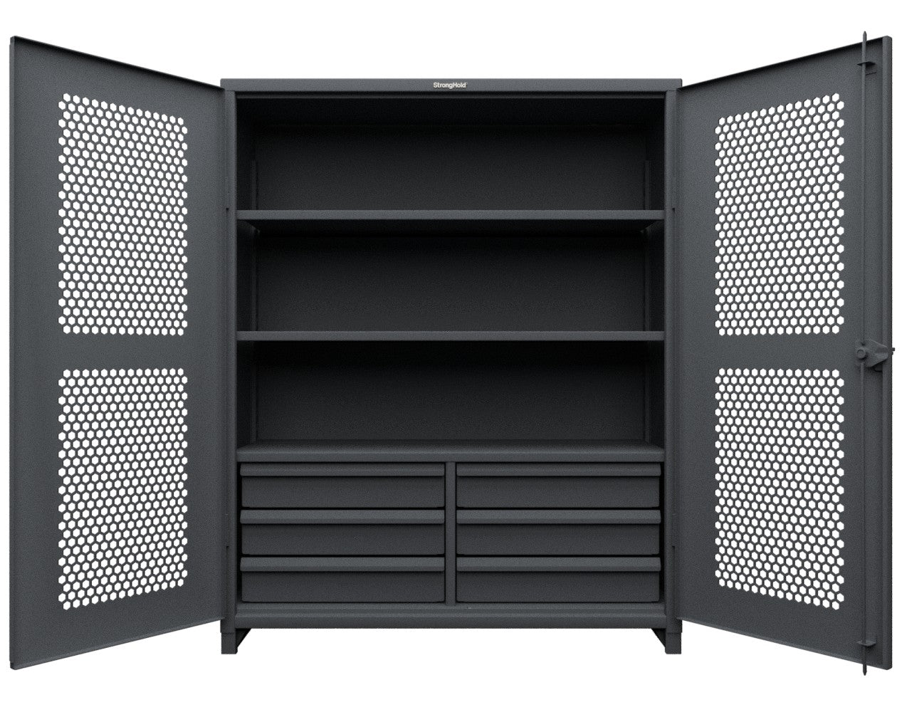 Extra Heavy Duty 14 GA Ventilated (Hex) Cabinet with 6 Half-Width Drawers, 3 Shelves - 60 In. W x 24 In. D x 75 In. H