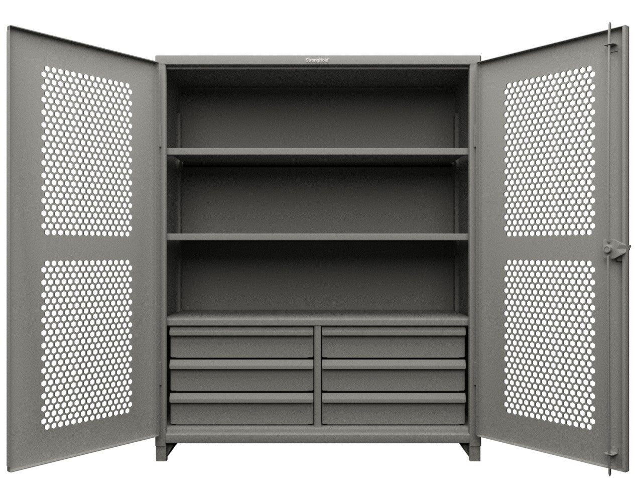 Extra Heavy Duty 14 GA Ventilated (Hex) Cabinet with 6 Half-Width Drawers, 3 Shelves - 60 In. W x 24 In. D x 75 In. H