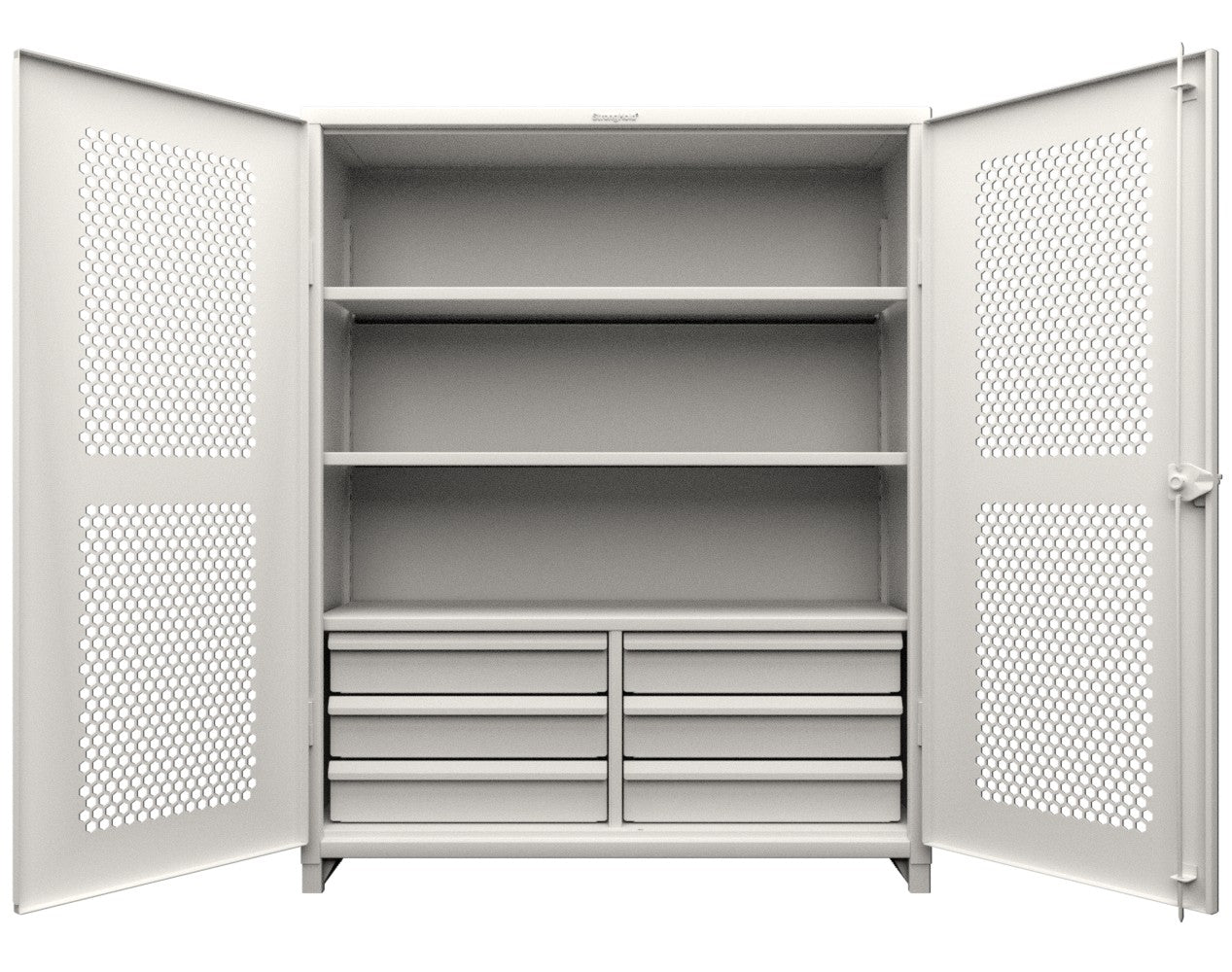 Extra Heavy Duty 14 GA Ventilated (Hex) Cabinet with 6 Half-Width Drawers, 3 Shelves - 60 In. W x 24 In. D x 75 In. H