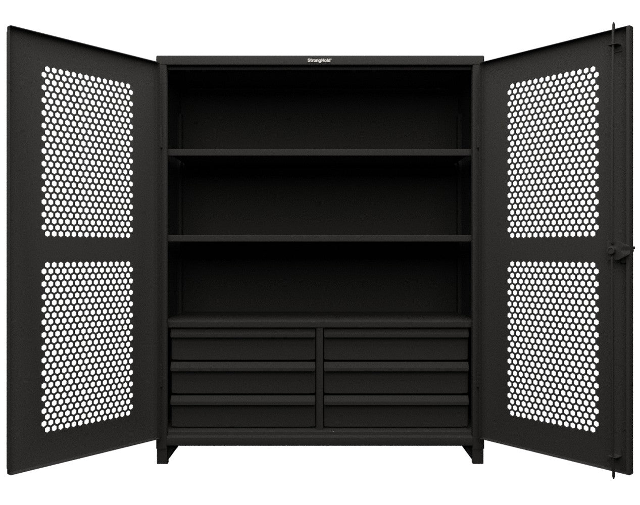 Extra Heavy Duty 14 GA Ventilated (Hex) Cabinet with 6 Half-Width Drawers, 3 Shelves - 60 In. W x 24 In. D x 75 In. H