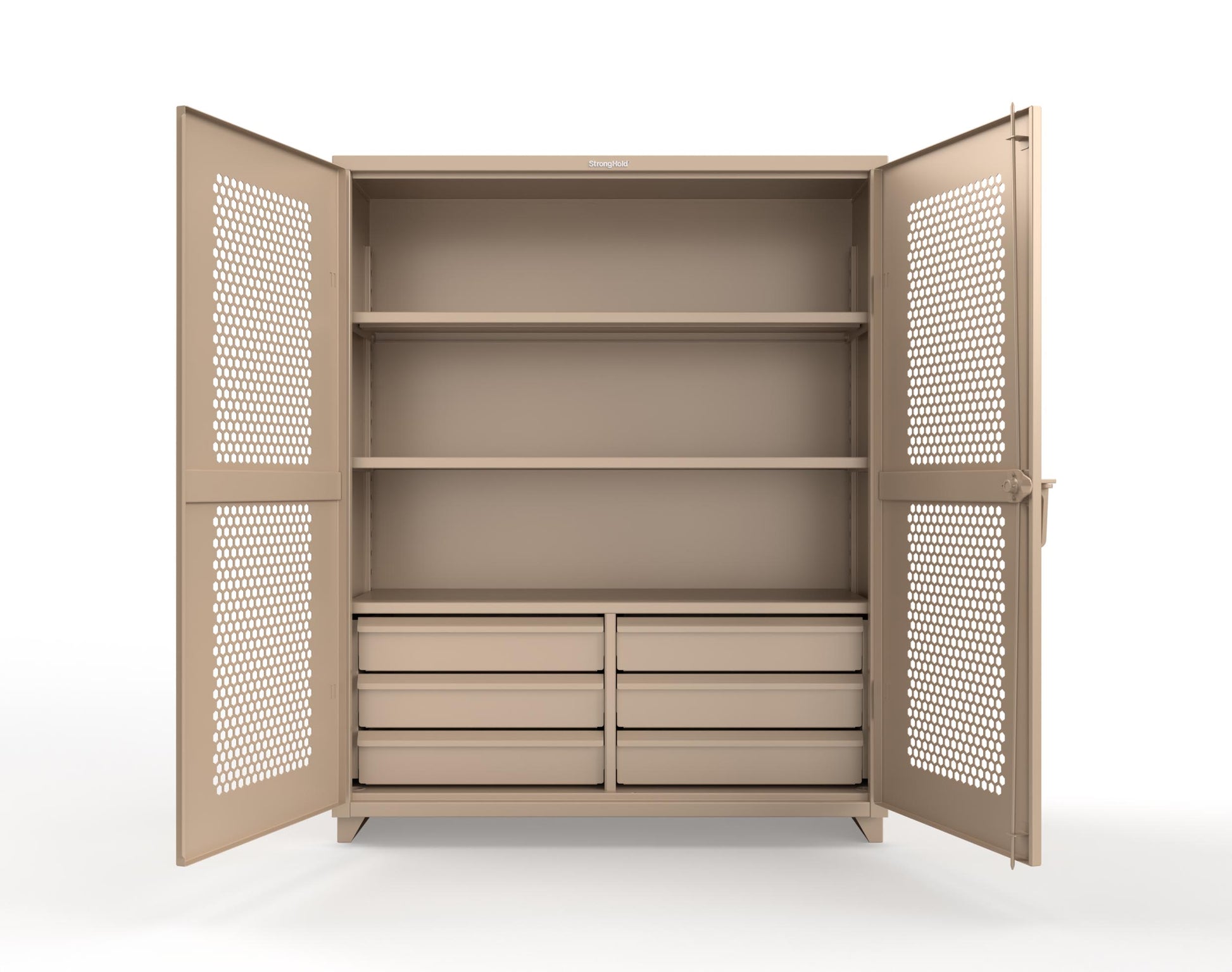 Extra Heavy Duty 14 GA Ventilated (Hex) Cabinet with 6 Half-Width Drawers, 3 Shelves - 60 In. W x 24 In. D x 75 In. H - 56-H-243-6/5DB-L-1019