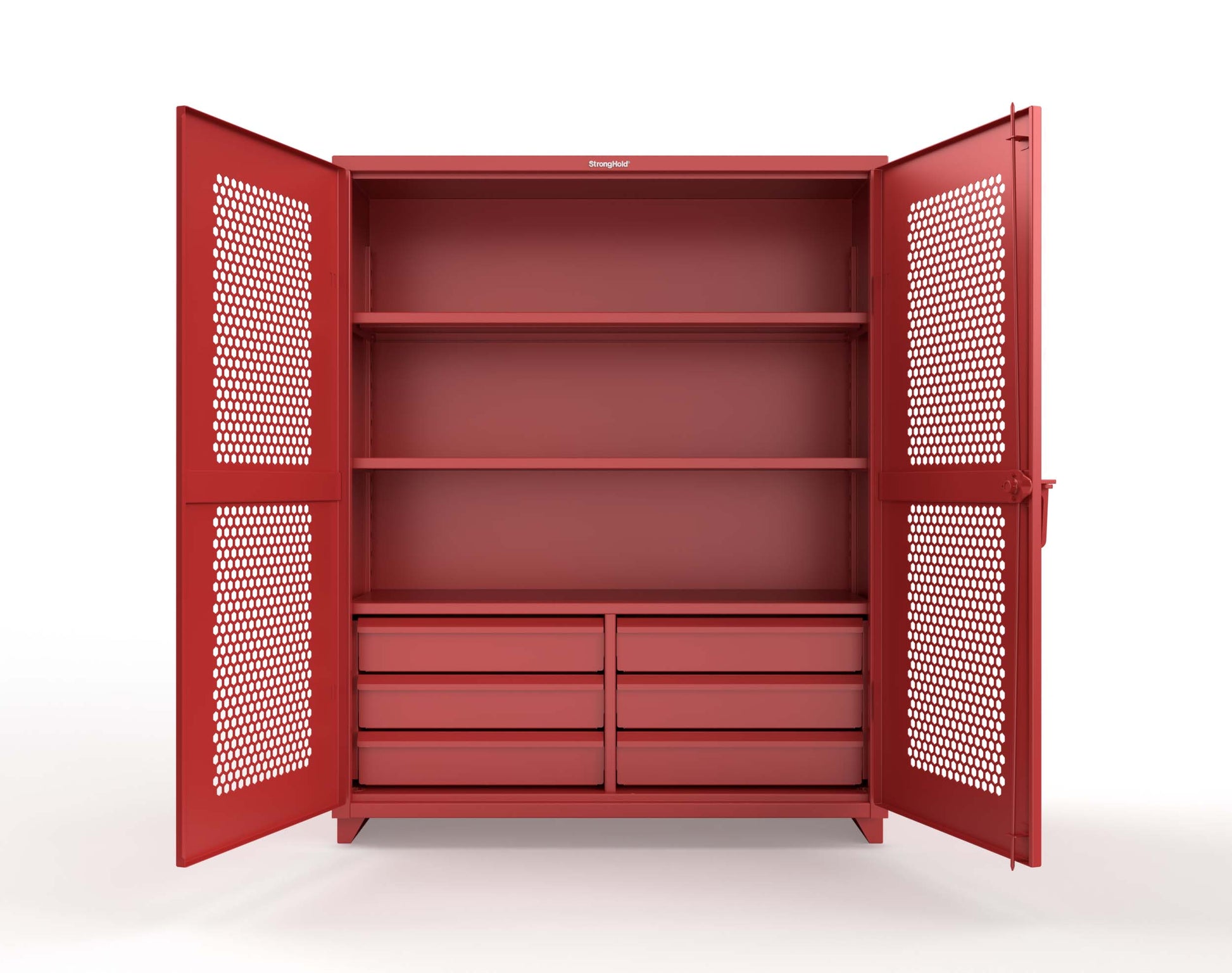 Extra Heavy Duty 14 GA Ventilated (Hex) Cabinet with 6 Half-Width Drawers, 3 Shelves - 60 In. W x 24 In. D x 75 In. H - 56-H-243-6/5DB-L-3001