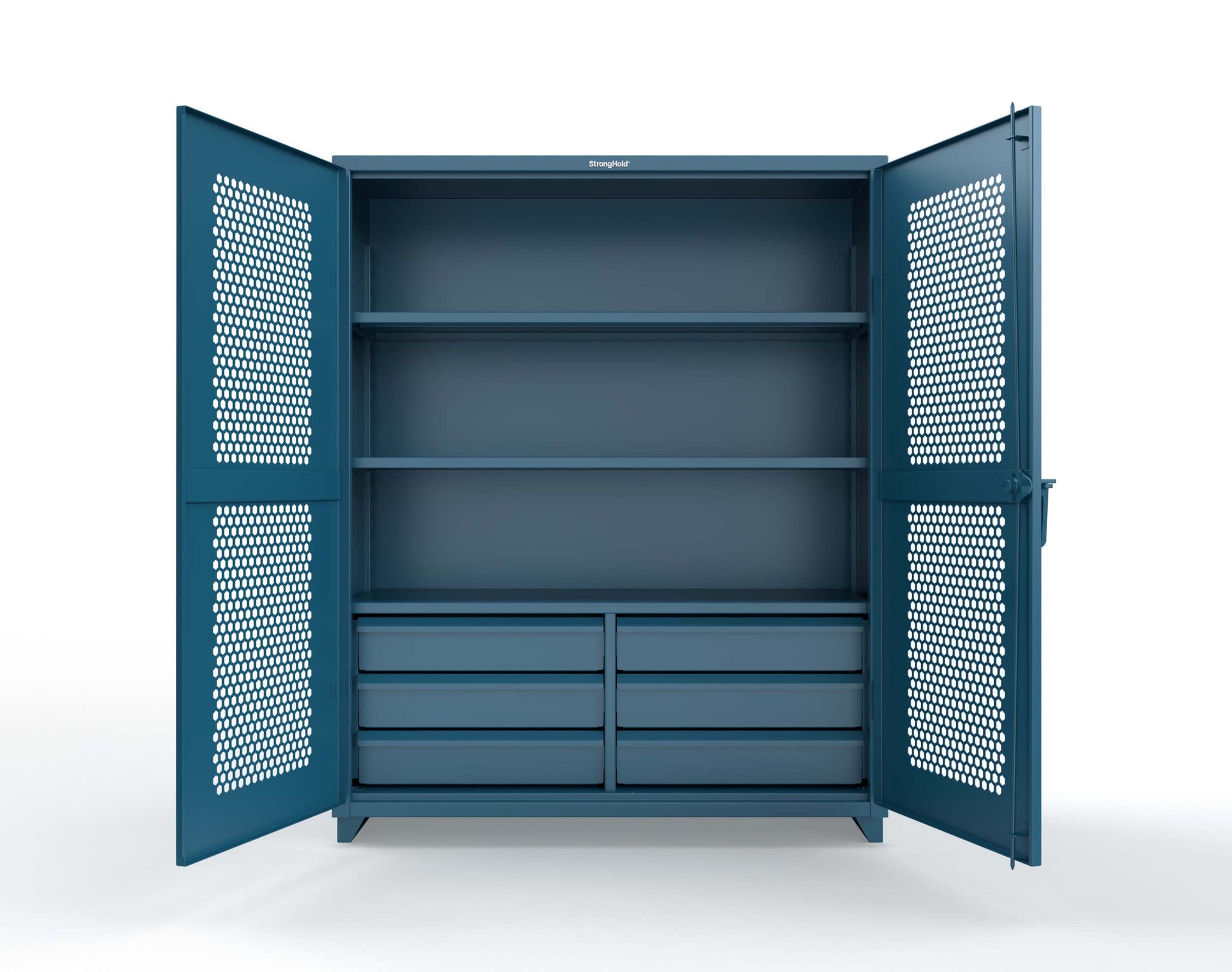 Extra Heavy Duty 14 GA Ventilated (Hex) Cabinet with 6 Half-Width Drawers, 3 Shelves - 60 In. W x 24 In. D x 75 In. H - 56-H-243-6/5DB-L-5001