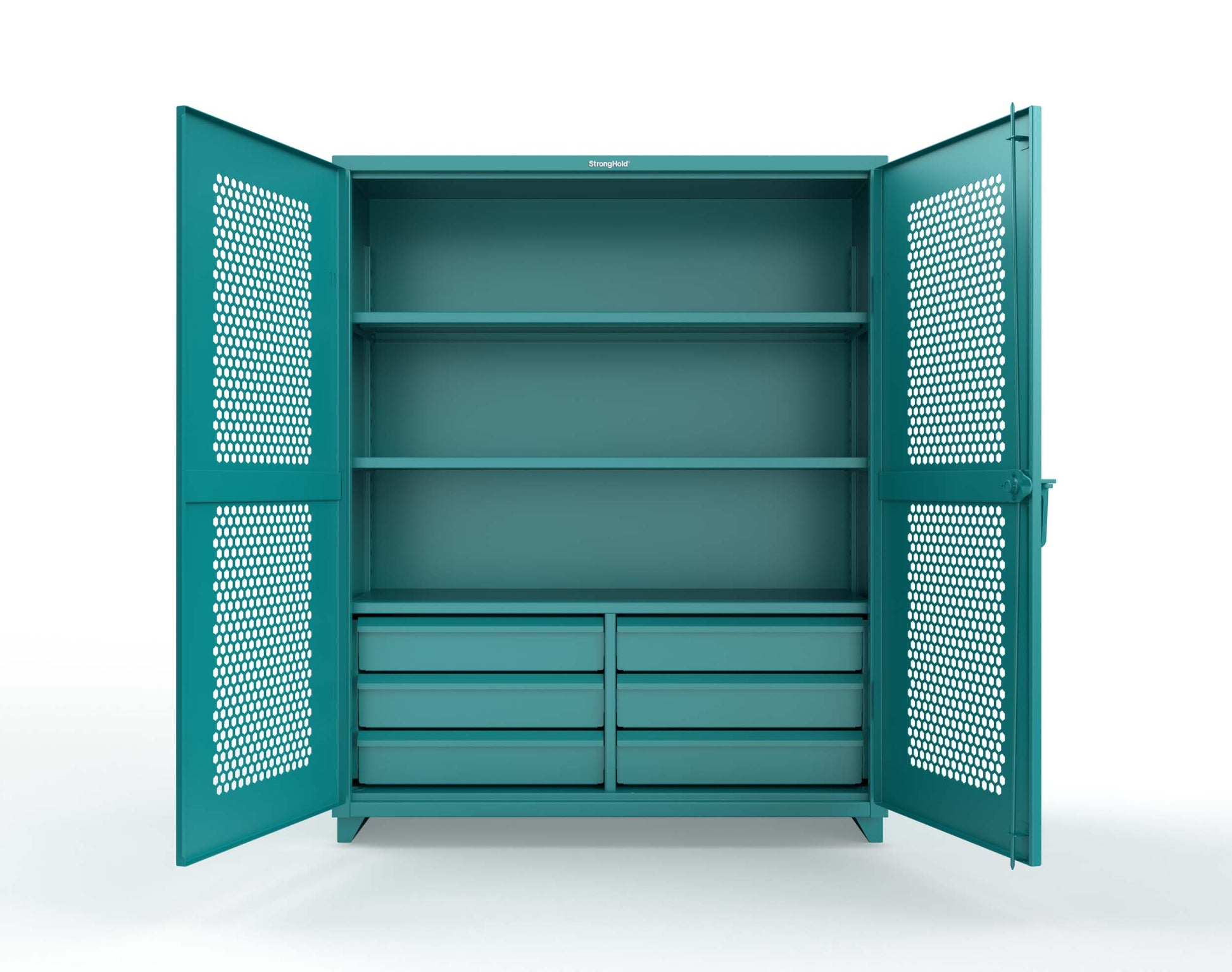 Extra Heavy Duty 14 GA Ventilated (Hex) Cabinet with 6 Half-Width Drawers, 3 Shelves - 60 In. W x 24 In. D x 75 In. H - 56-H-243-6/5DB-L-5021