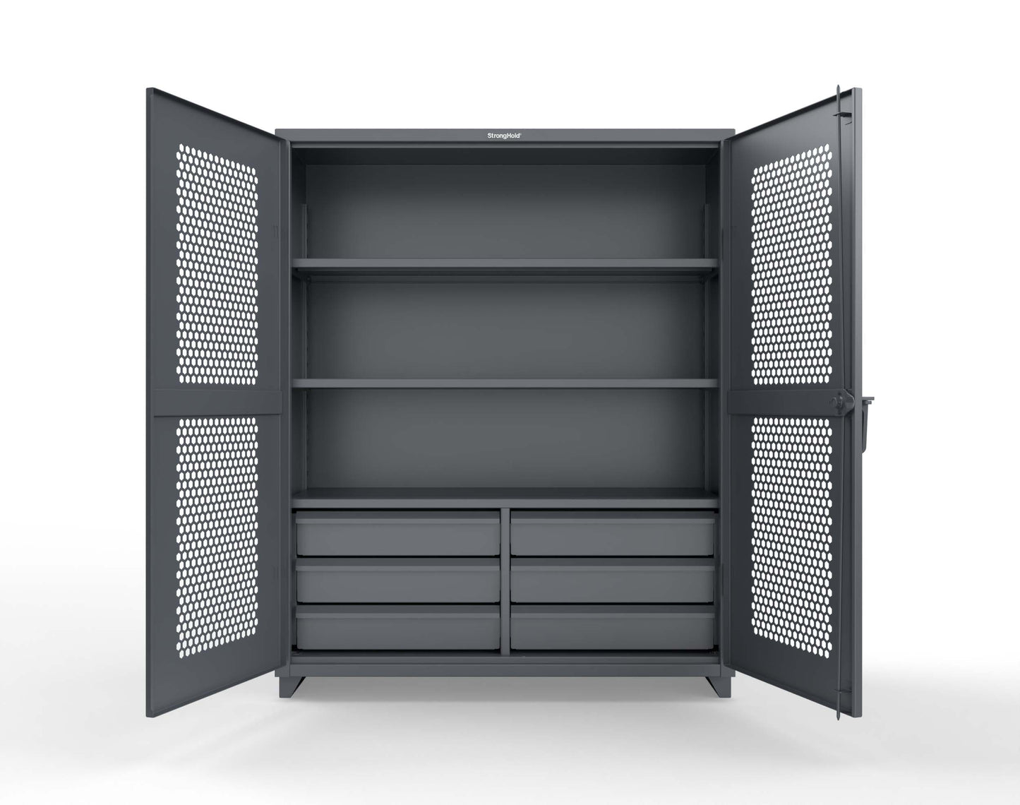 Extra Heavy Duty 14 GA Ventilated (Hex) Cabinet with 6 Half-Width Drawers, 3 Shelves - 60 In. W x 24 In. D x 75 In. H - 56-H-243-6/5DB-L-7024