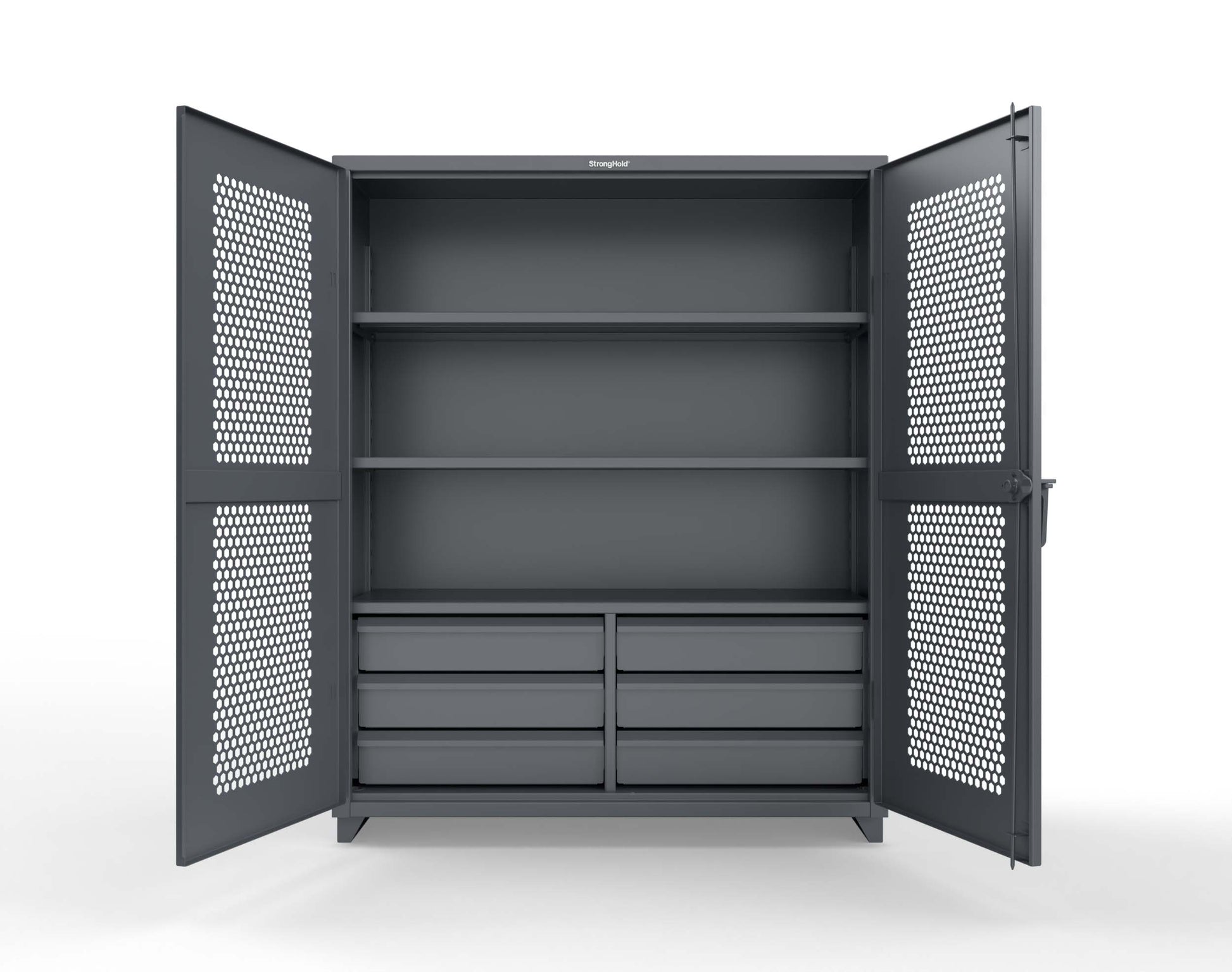 Extra Heavy Duty 14 GA Ventilated (Hex) Cabinet with 6 Half-Width Drawers, 3 Shelves - 60 In. W x 24 In. D x 75 In. H - 56-H-243-6/5DB-L-7024