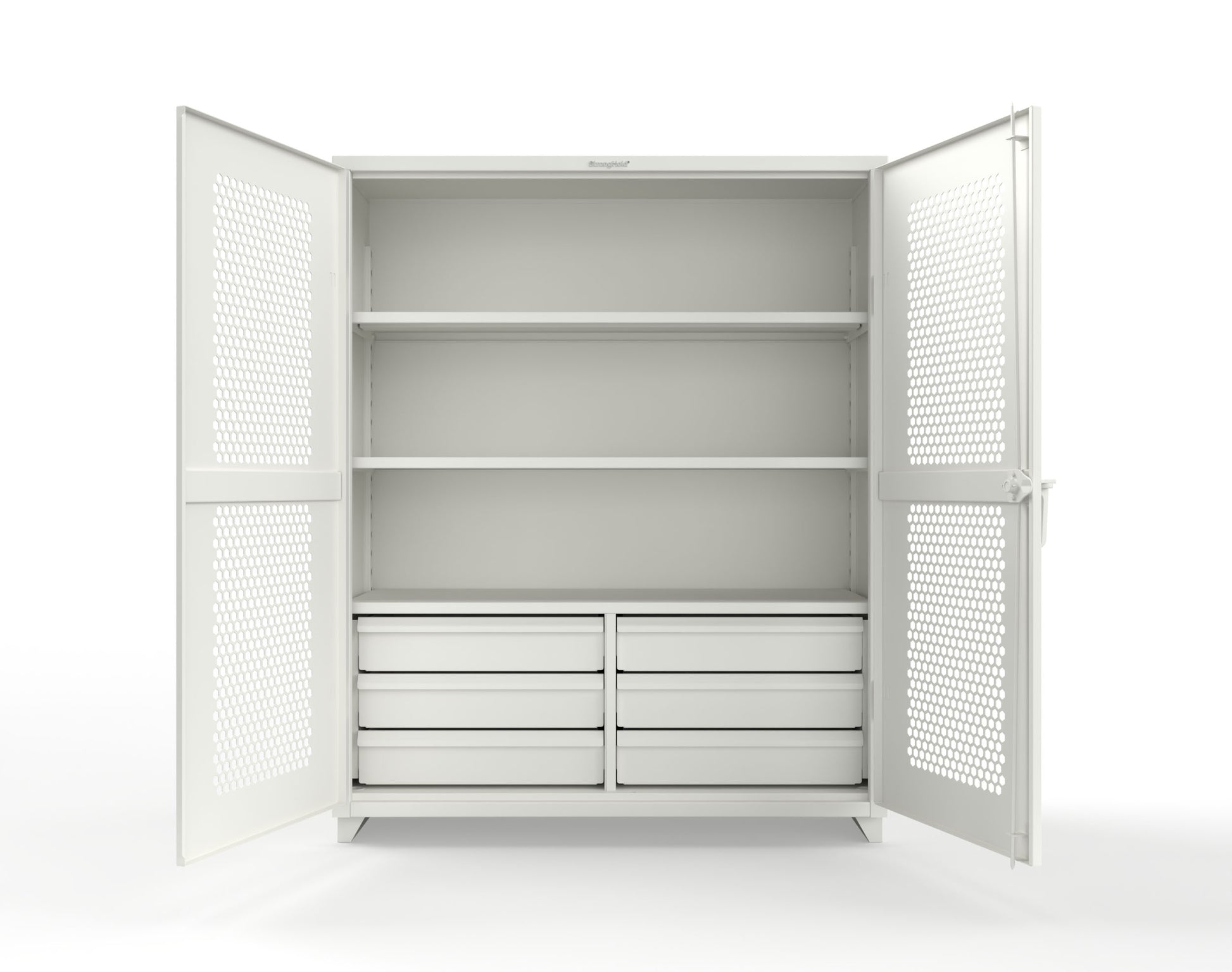 Extra Heavy Duty 14 GA Ventilated (Hex) Cabinet with 6 Half-Width Drawers, 3 Shelves - 60 In. W x 24 In. D x 75 In. H - 56-H-243-6/5DB-L-9003