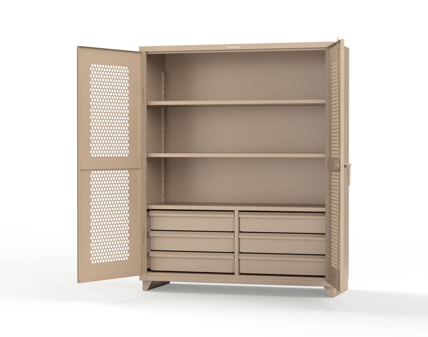 Extra Heavy Duty 14 GA Ventilated (Hex) Cabinet with 6 Half-Width Drawers, 3 Shelves - 60 In. W x 24 In. D x 75 In. H - 56-H-243-6/5DB-L-1019