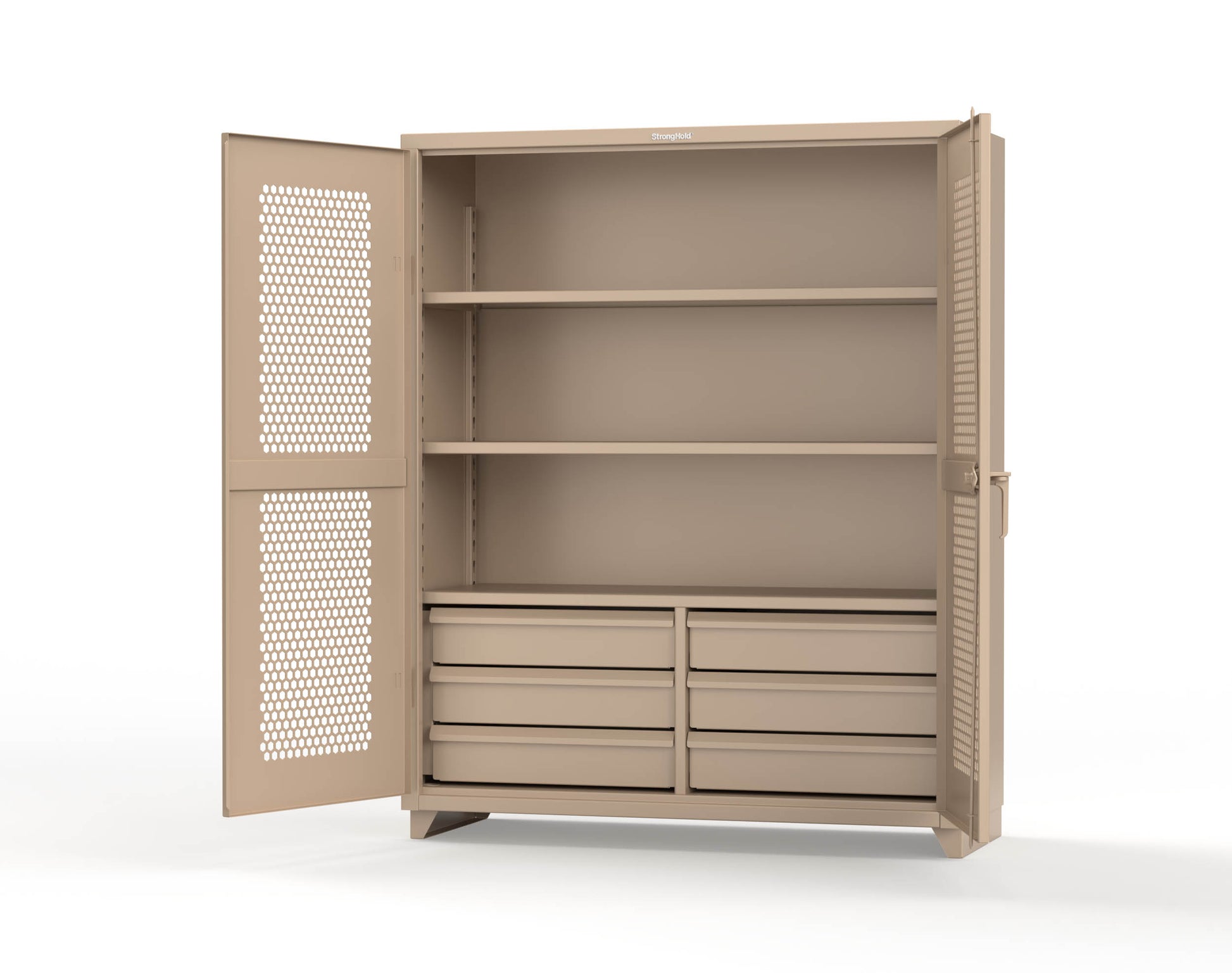 Extra Heavy Duty 14 GA Ventilated (Hex) Cabinet with 6 Half-Width Drawers, 3 Shelves - 60 In. W x 24 In. D x 75 In. H - 56-H-243-6/5DB-L-1019