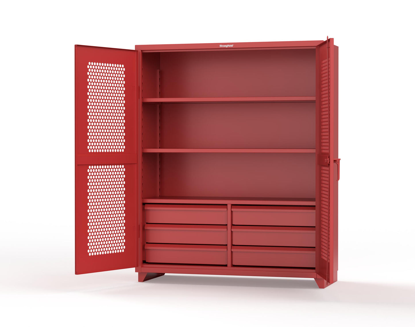 Extra Heavy Duty 14 GA Ventilated (Hex) Cabinet with 6 Half-Width Drawers, 3 Shelves - 60 In. W x 24 In. D x 75 In. H - 56-H-243-6/5DB-L-3001