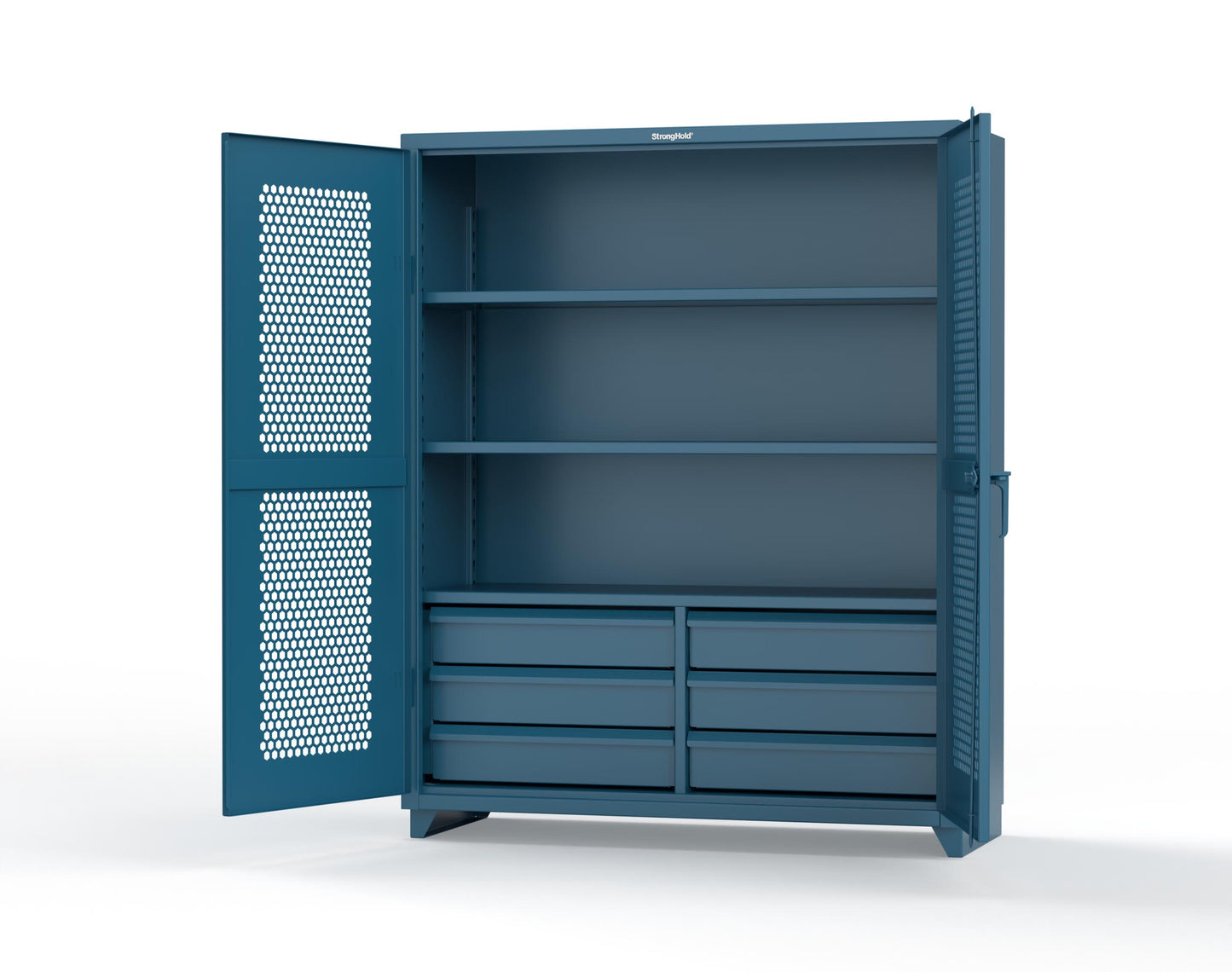 Extra Heavy Duty 14 GA Ventilated (Hex) Cabinet with 6 Half-Width Drawers, 3 Shelves - 60 In. W x 24 In. D x 75 In. H - 56-H-243-6/5DB-L-5001