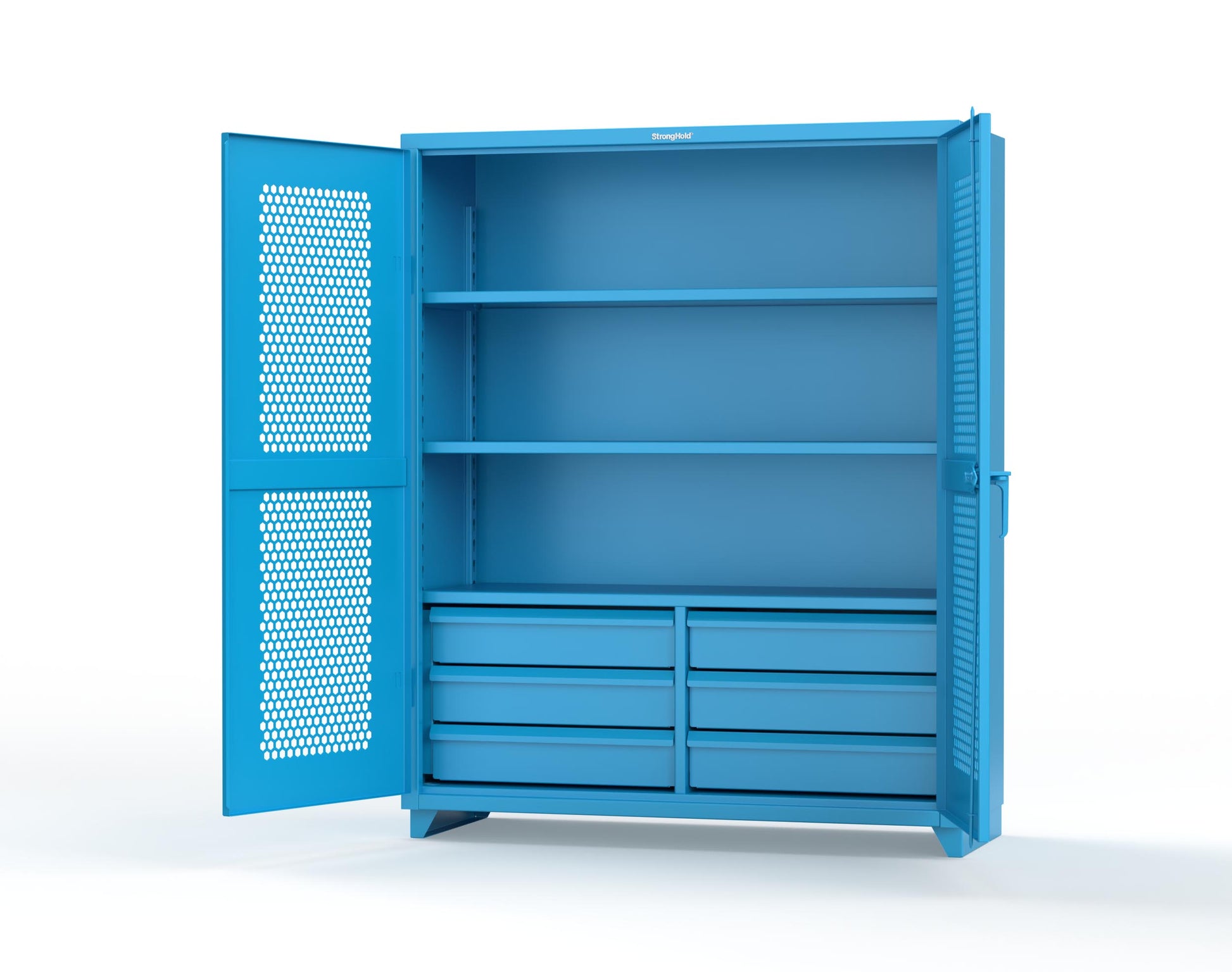 Extra Heavy Duty 14 GA Ventilated (Hex) Cabinet with 6 Half-Width Drawers, 3 Shelves - 60 In. W x 24 In. D x 75 In. H - 56-H-243-6/5DB-L-5012