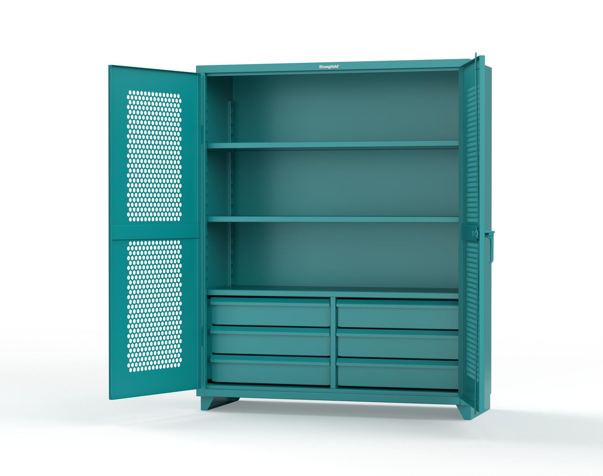 Extra Heavy Duty 14 GA Ventilated (Hex) Cabinet with 6 Half-Width Drawers, 3 Shelves - 60 In. W x 24 In. D x 75 In. H - 56-H-243-6/5DB-L-5021