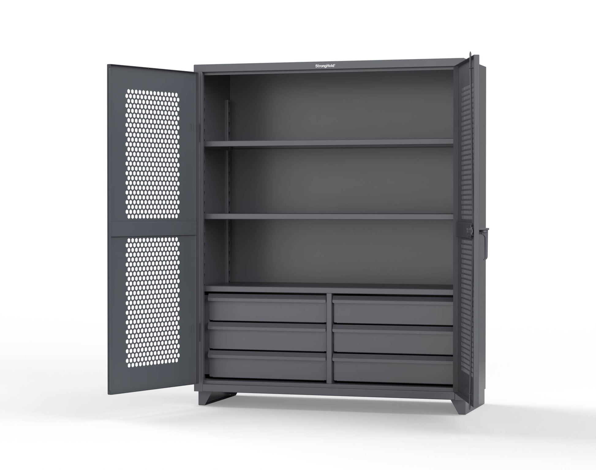 Extra Heavy Duty 14 GA Ventilated (Hex) Cabinet with 6 Half-Width Drawers, 3 Shelves - 60 In. W x 24 In. D x 75 In. H - 56-H-243-6/5DB-L-7024