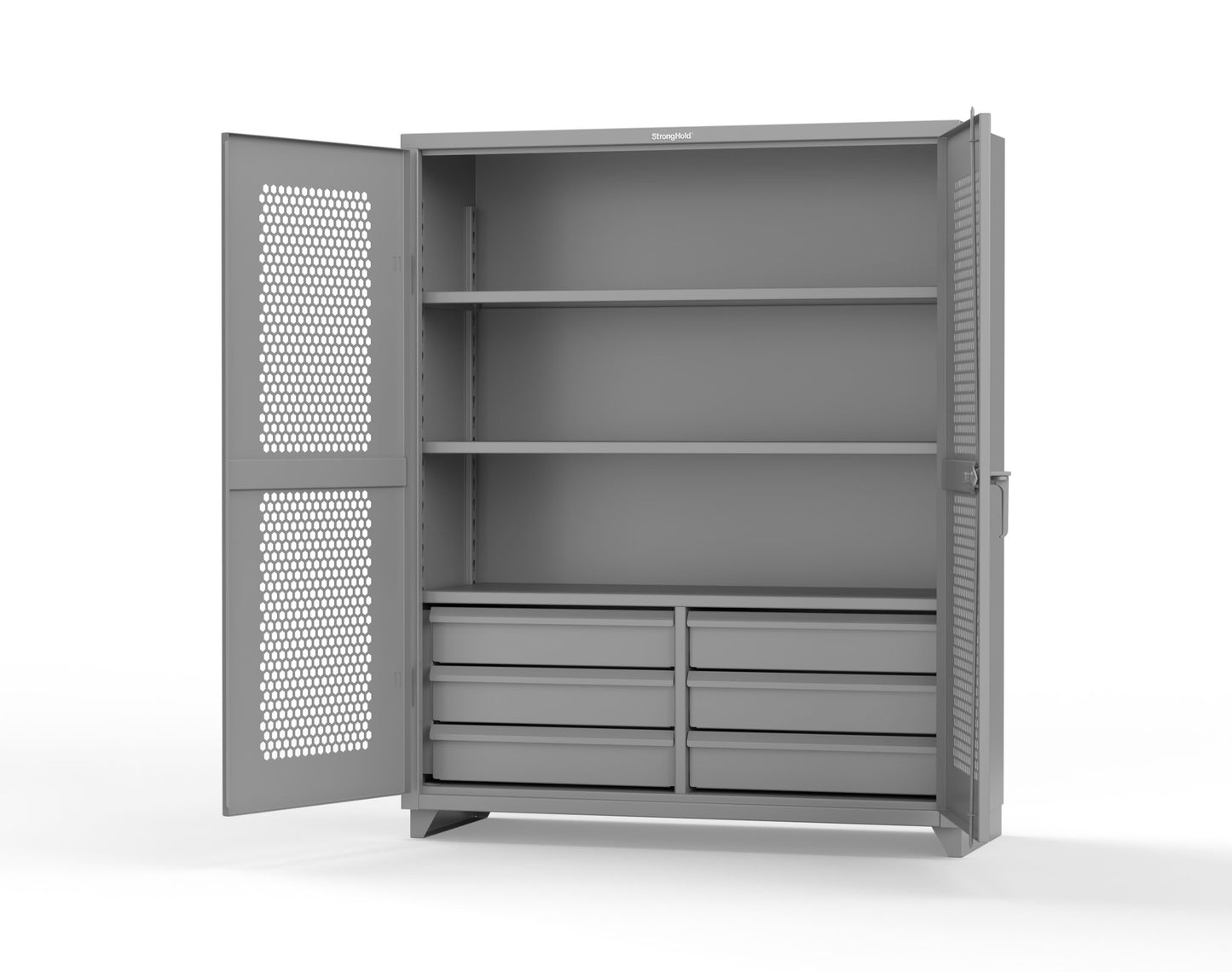 Extra Heavy Duty 14 GA Ventilated (Hex) Cabinet with 6 Half-Width Drawers, 3 Shelves - 60 In. W x 24 In. D x 75 In. H - 56-H-243-6/5DB-L-7037