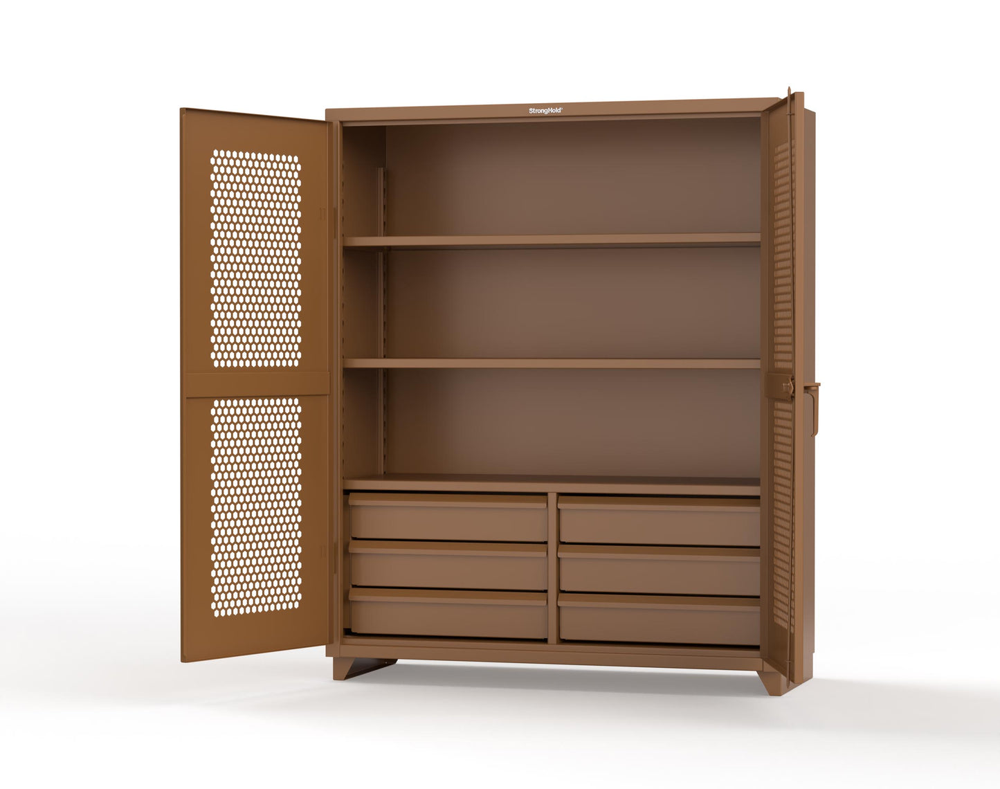Extra Heavy Duty 14 GA Ventilated (Hex) Cabinet with 6 Half-Width Drawers, 3 Shelves - 60 In. W x 24 In. D x 75 In. H - 56-H-243-6/5DB-L-8008