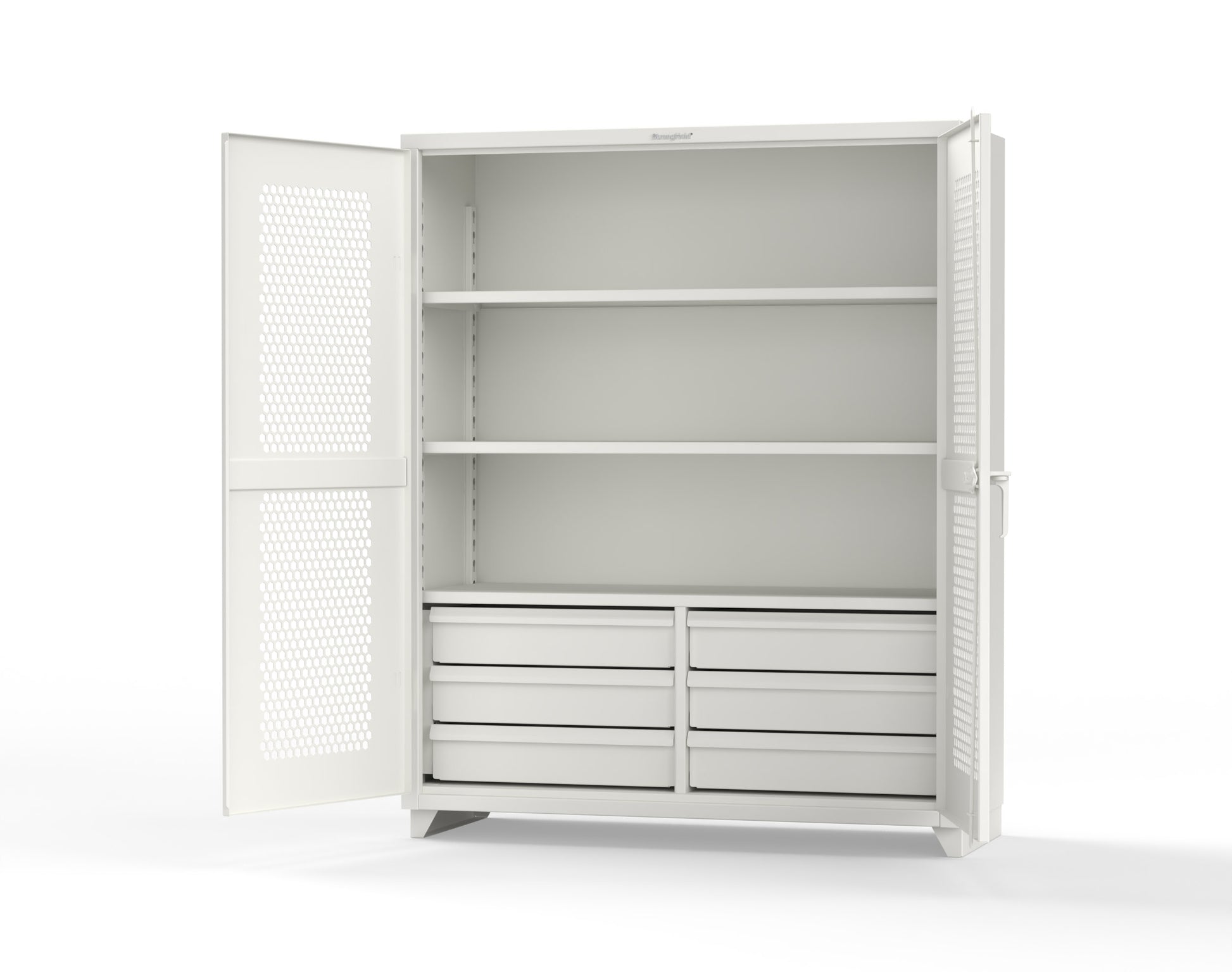 Extra Heavy Duty 14 GA Ventilated (Hex) Cabinet with 6 Half-Width Drawers, 3 Shelves - 60 In. W x 24 In. D x 75 In. H - 56-H-243-6/5DB-L-9003