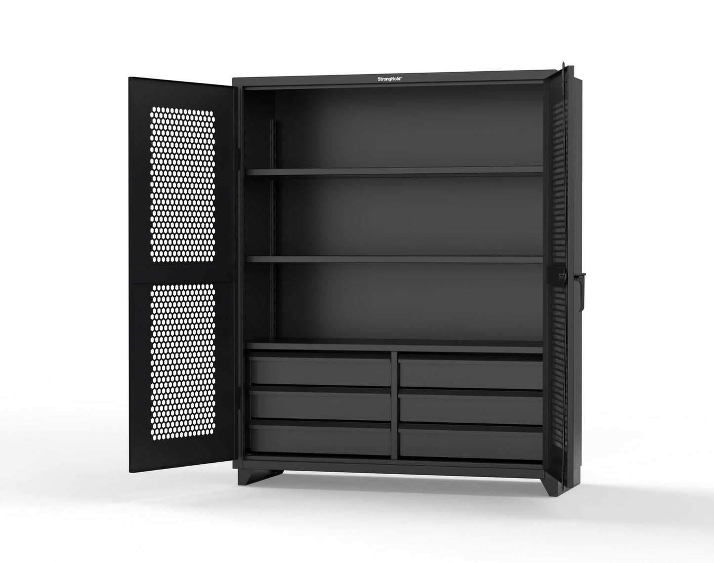 Extra Heavy Duty 14 GA Ventilated (Hex) Cabinet with 6 Half-Width Drawers, 3 Shelves - 60 In. W x 24 In. D x 75 In. H - 56-H-243-6/5DB-L-9005