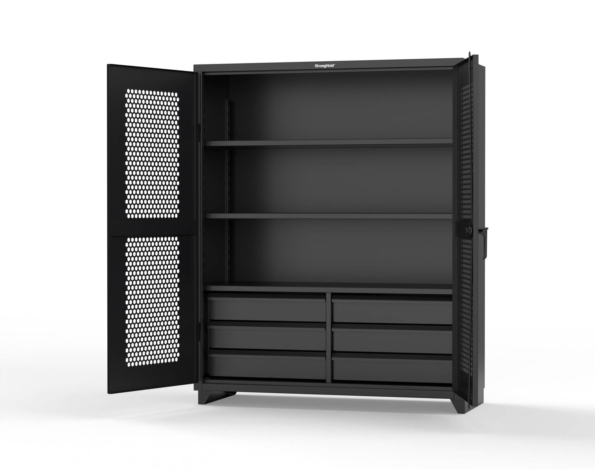 Extra Heavy Duty 14 GA Ventilated (Hex) Cabinet with 6 Half-Width Drawers, 3 Shelves - 60 In. W x 24 In. D x 75 In. H - 56-H-243-6/5DB-L-9005