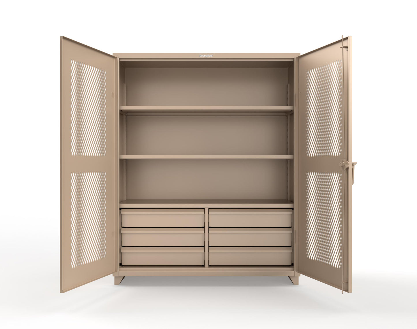 Extra Heavy Duty 14 GA Ventilated (Diamond) Cabinet with 6 Half-Width Drawers, 3 Shelves - 60 In. W x 24 In. D x 75 In. H - 56-V-243-6/5DB-L-1019