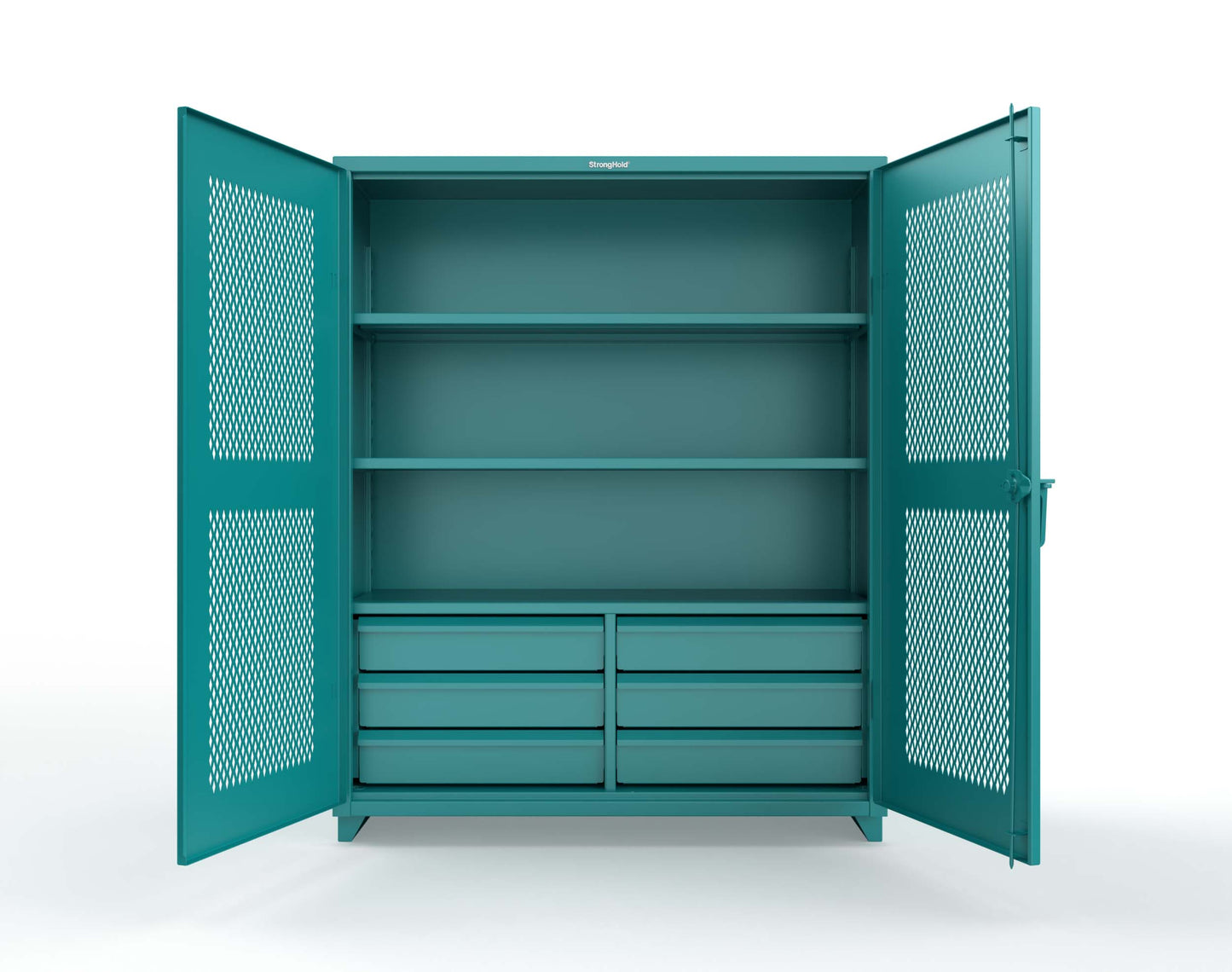 Extra Heavy Duty 14 GA Ventilated (Diamond) Cabinet with 6 Half-Width Drawers, 3 Shelves - 60 In. W x 24 In. D x 75 In. H - 56-V-243-6/5DB-L-5021