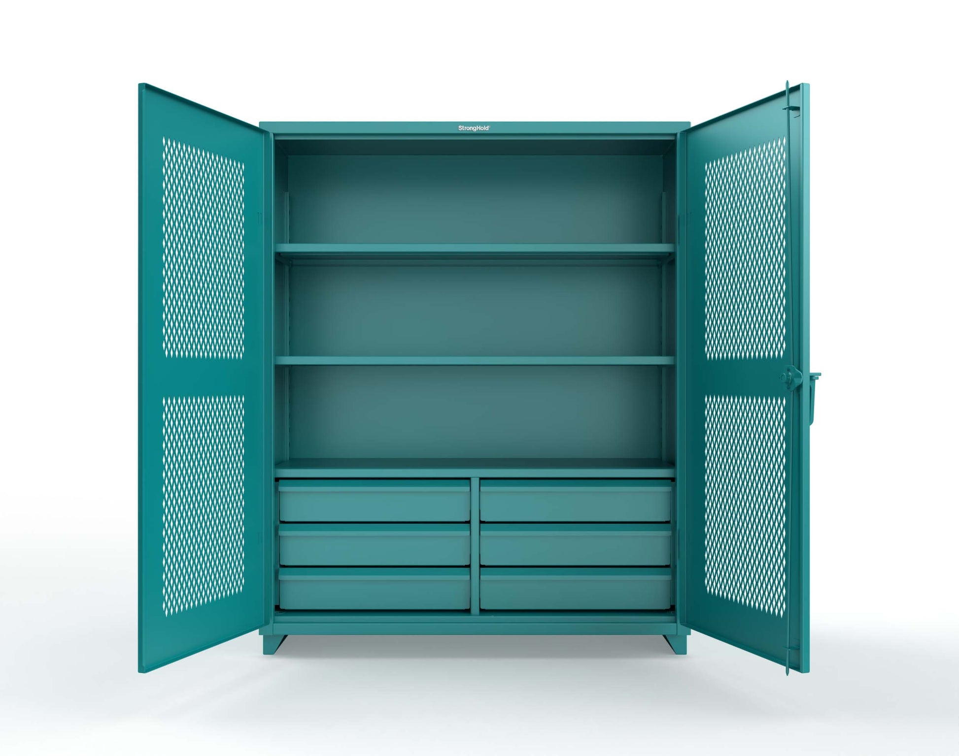 Extra Heavy Duty 14 GA Ventilated (Diamond) Cabinet with 6 Half-Width Drawers, 3 Shelves - 60 In. W x 24 In. D x 75 In. H - 56-V-243-6/5DB-L-5021