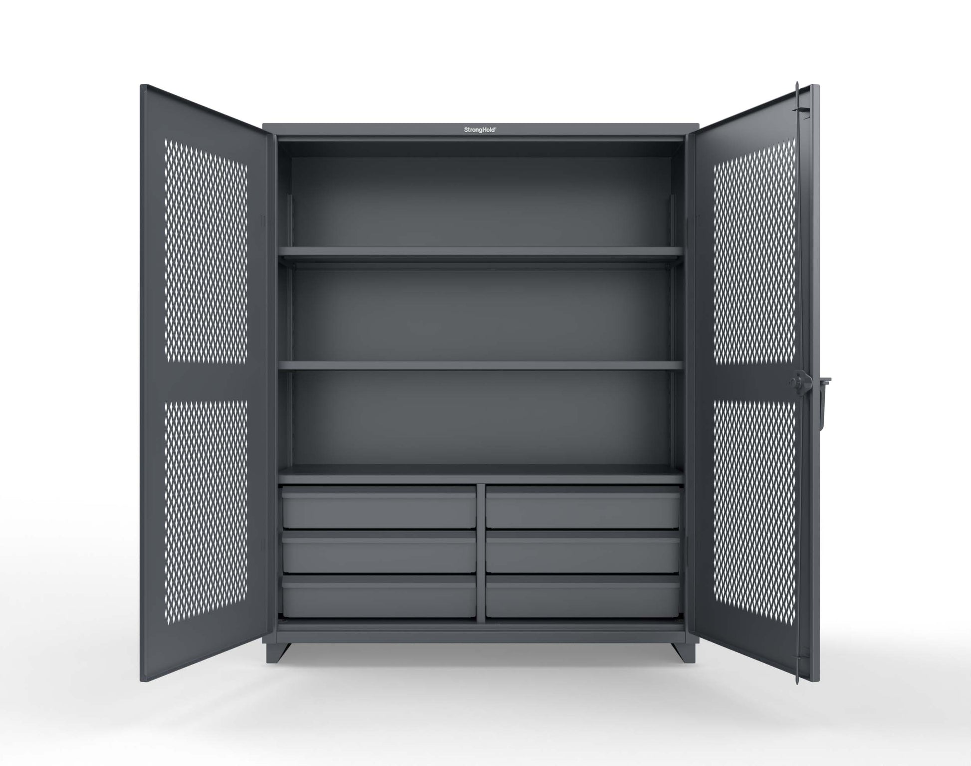 Extra Heavy Duty 14 GA Ventilated (Diamond) Cabinet with 6 Half-Width Drawers, 3 Shelves - 60 In. W x 24 In. D x 75 In. H - 56-V-243-6/5DB-L-7024