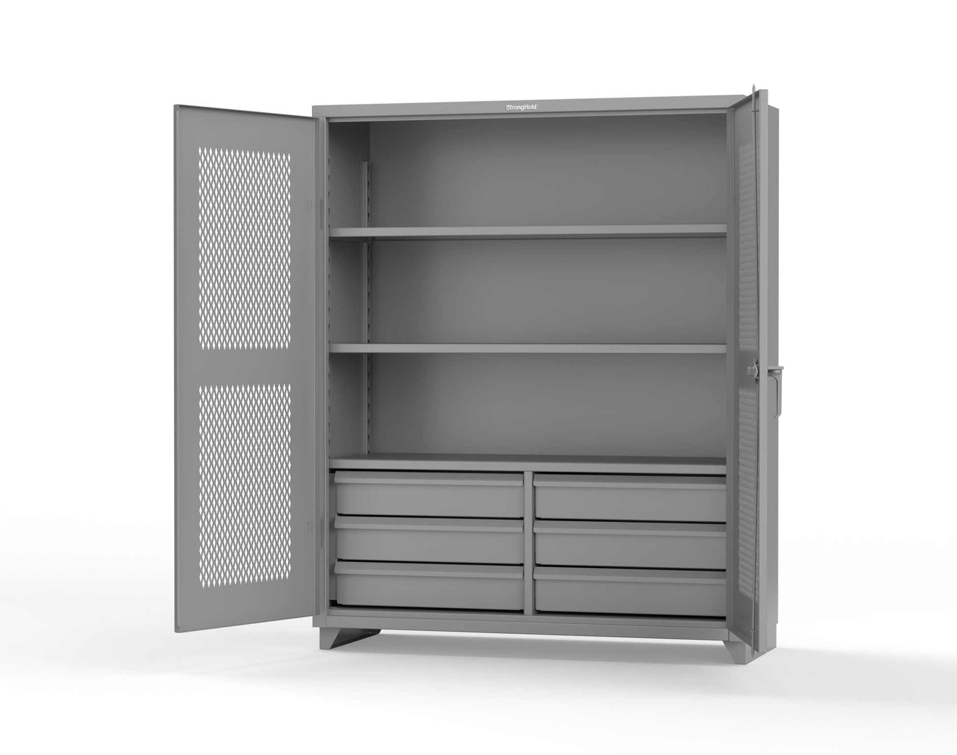 Extra Heavy Duty 14 GA Ventilated (Diamond) Cabinet with 6 Half-Width Drawers, 3 Shelves - 60 In. W x 24 In. D x 75 In. H - 56-V-243-6/5DB-L-7037