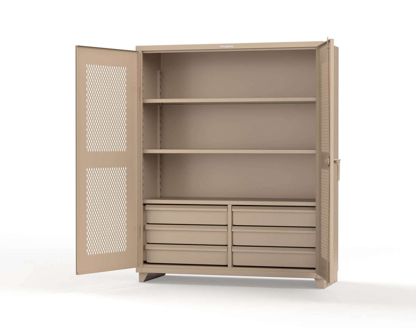 Extra Heavy Duty 14 GA Ventilated (Diamond) Cabinet with 6 Half-Width Drawers, 3 Shelves - 60 In. W x 24 In. D x 75 In. H - 56-V-243-6/5DB-L-1019