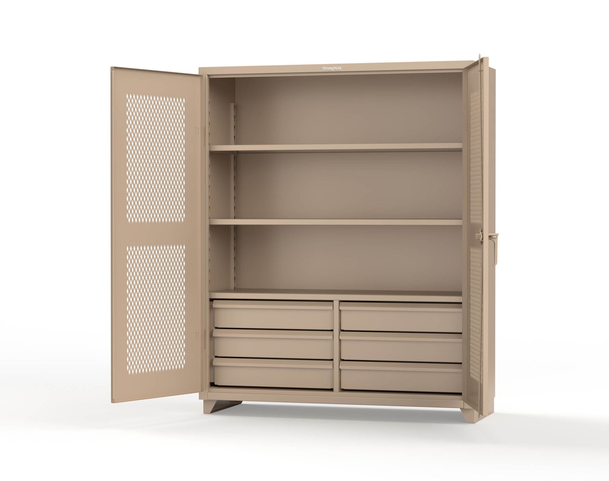 Extra Heavy Duty 14 GA Ventilated (Diamond) Cabinet with 6 Half-Width Drawers, 3 Shelves - 60 In. W x 24 In. D x 75 In. H - 56-V-243-6/5DB-L-1019
