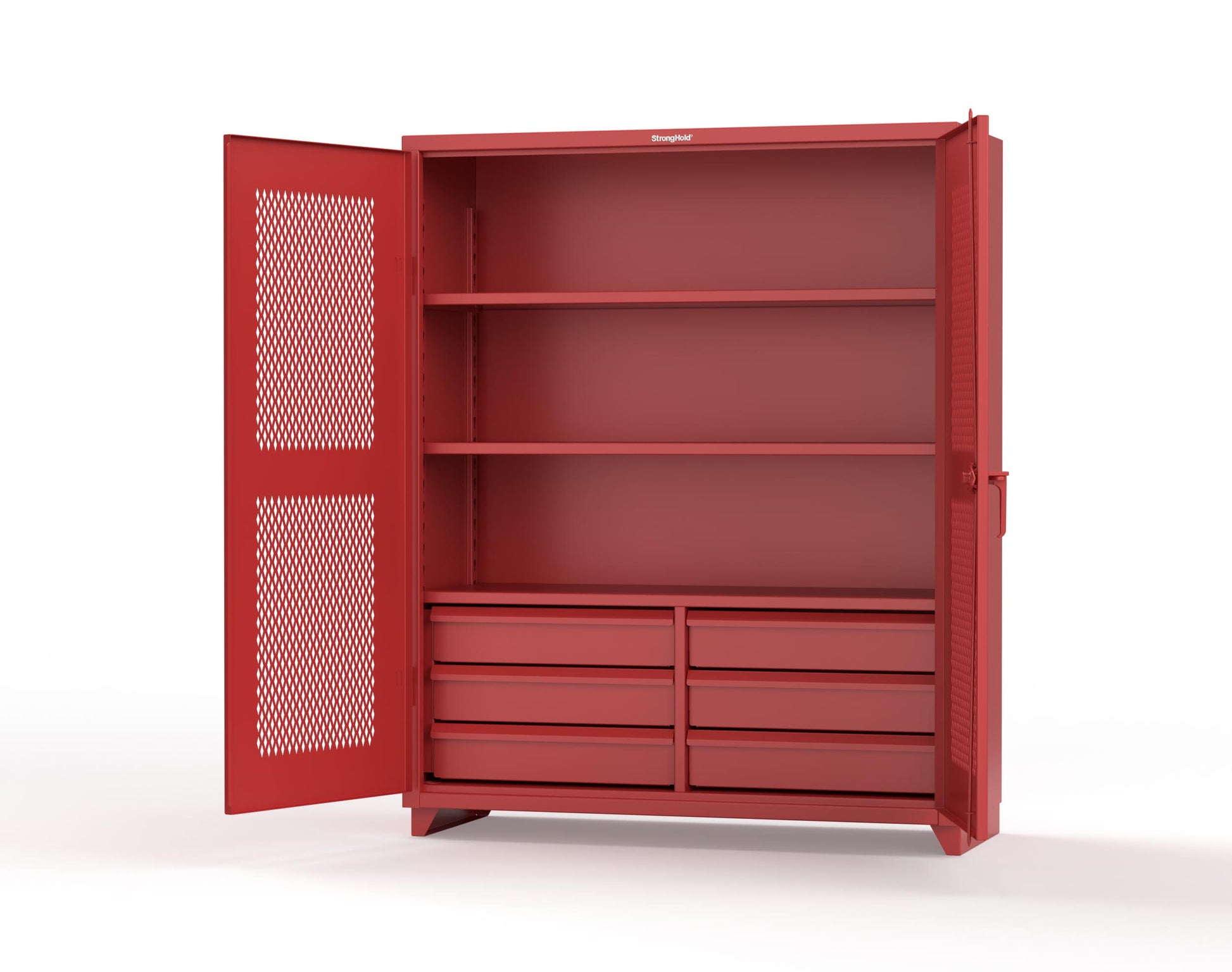 Extra Heavy Duty 14 GA Ventilated (Diamond) Cabinet with 6 Half-Width Drawers, 3 Shelves - 60 In. W x 24 In. D x 75 In. H - 56-V-243-6/5DB-L-3001