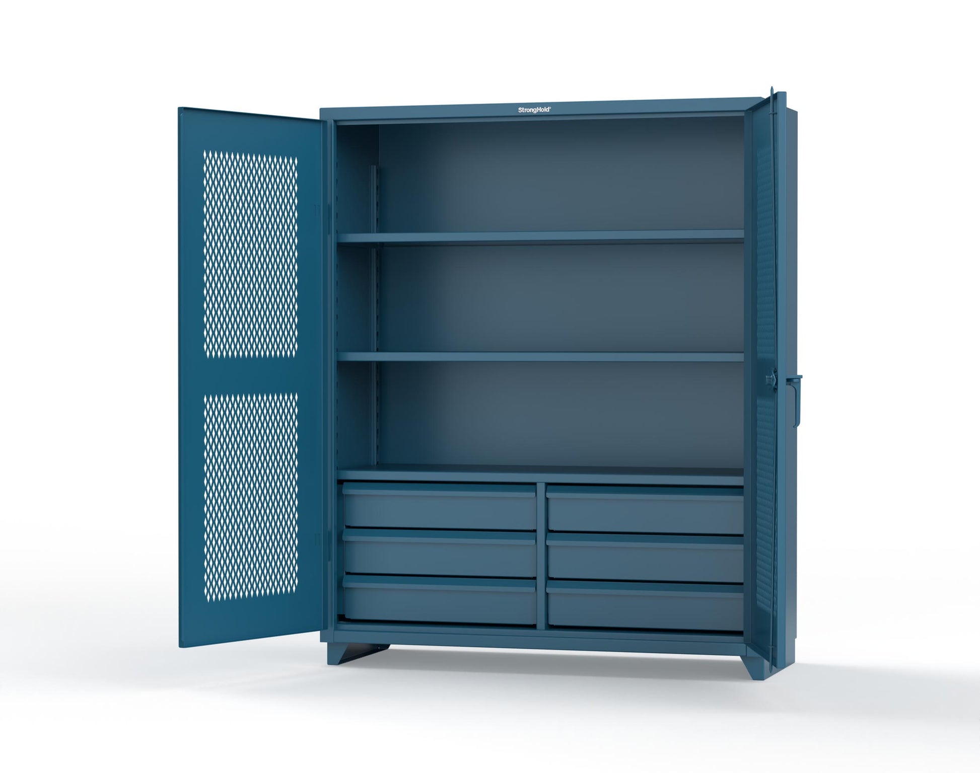 Extra Heavy Duty 14 GA Ventilated (Diamond) Cabinet with 6 Half-Width Drawers, 3 Shelves - 60 In. W x 24 In. D x 75 In. H - 56-V-243-6/5DB-L-5001