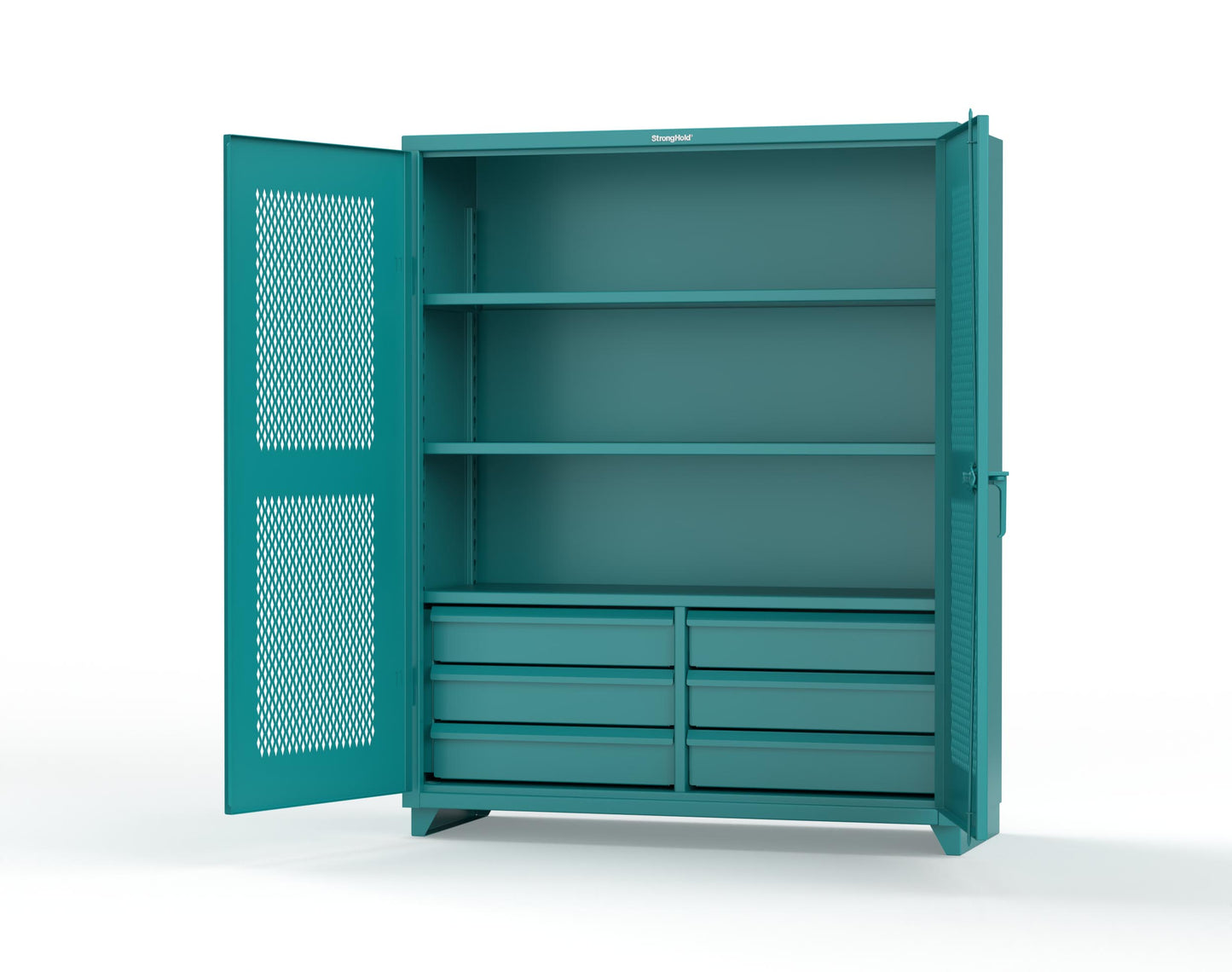 Extra Heavy Duty 14 GA Ventilated (Diamond) Cabinet with 6 Half-Width Drawers, 3 Shelves - 60 In. W x 24 In. D x 75 In. H - 56-V-243-6/5DB-L-5021