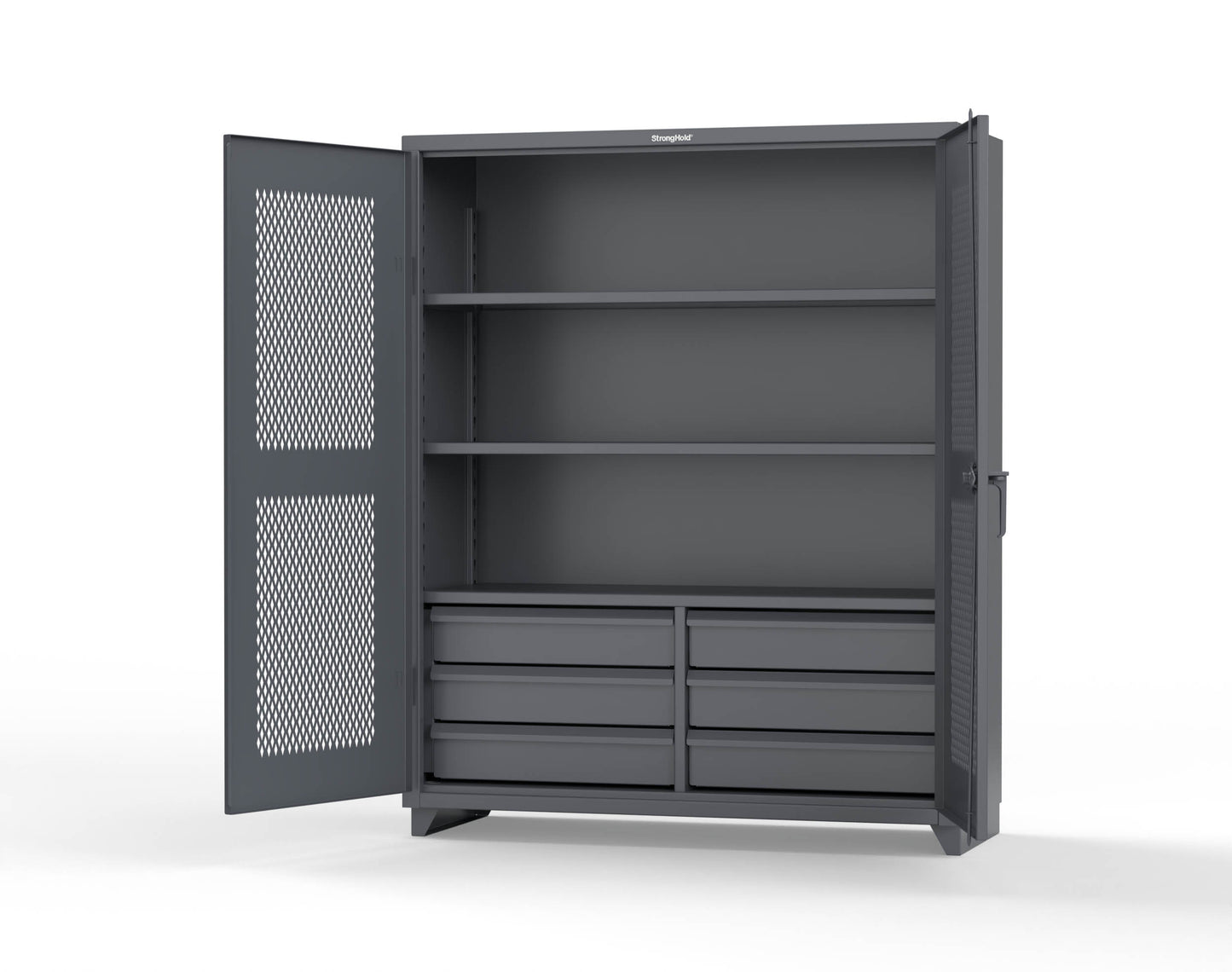 Extra Heavy Duty 14 GA Ventilated (Diamond) Cabinet with 6 Half-Width Drawers, 3 Shelves - 60 In. W x 24 In. D x 75 In. H - 56-V-243-6/5DB-L-7024