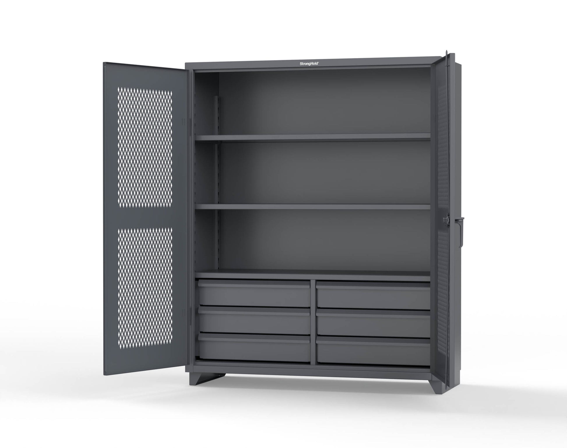 Extra Heavy Duty 14 GA Ventilated (Diamond) Cabinet with 6 Half-Width Drawers, 3 Shelves - 60 In. W x 24 In. D x 75 In. H - 56-V-243-6/5DB-L-7024