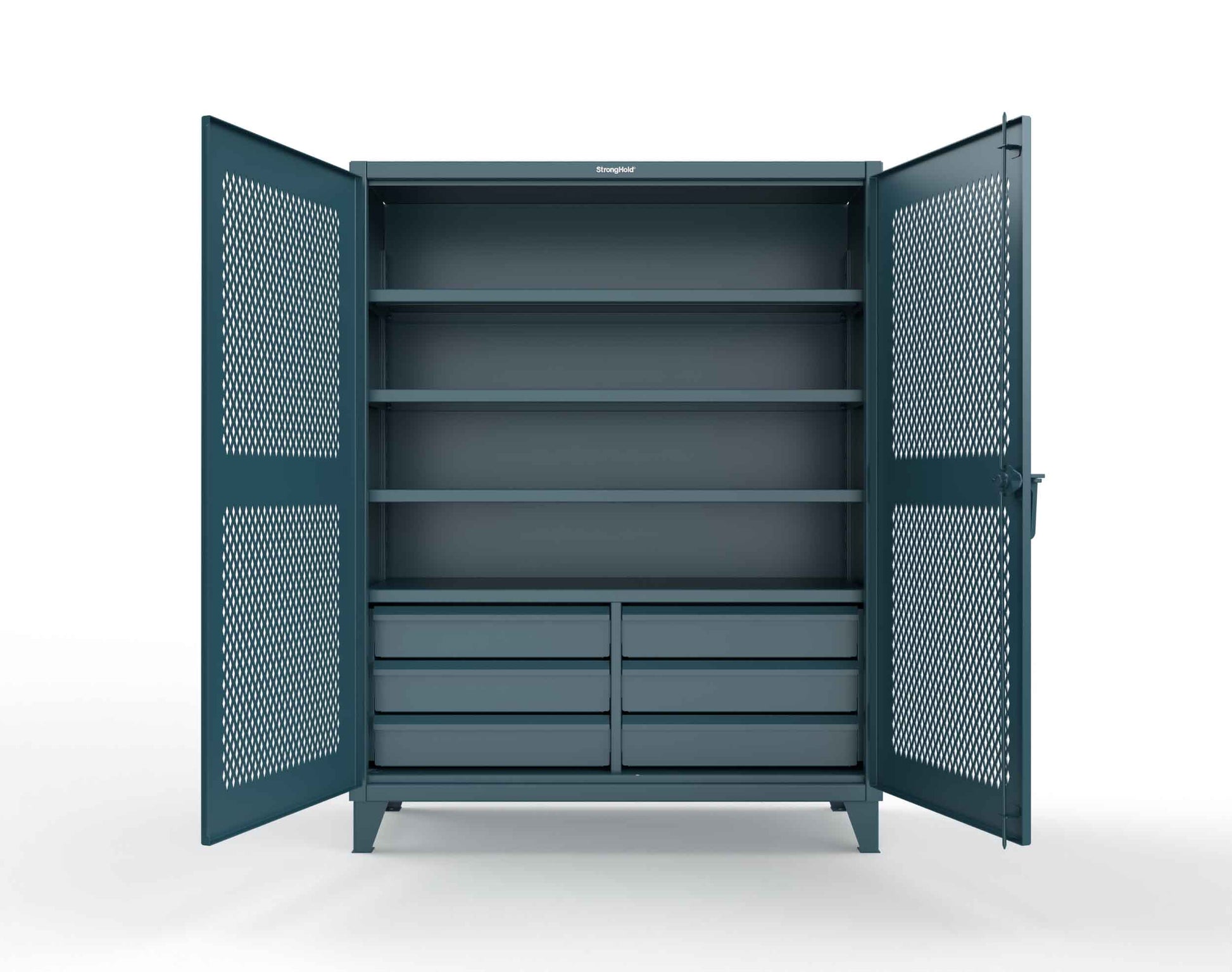 Extreme Duty 12 GA Ventilated (Diamond) Cabinet with 6 Half-Width Drawers, 4 Shelves - 60 In. W x 24 In. D x 78 In. H - 56-V-244-6/5DB-5001